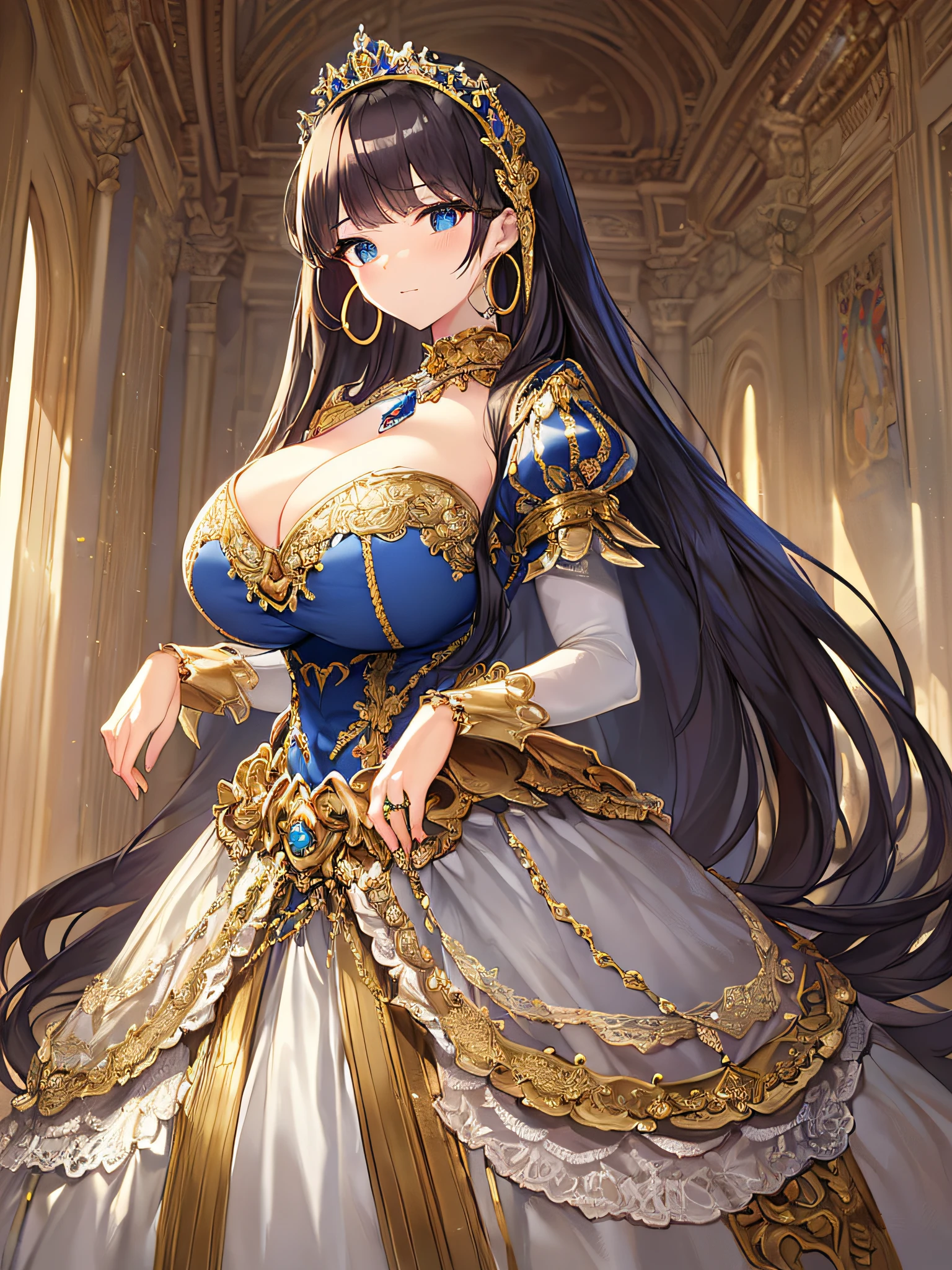 ((anime artstyle)),(Masterpiece),(Best Quality), (Super Detail),((Very Delicate and Beautiful)),(((Solo))),((full body portrait)),(((1 princess in baroque dress with full length voluminous hoop skirt))),crinoline,((standing in baroque office)),Long train,(gorgeous gemstone jewelry),detailed face and eyes,jewel-like eyes,((large amount of straight hair,extremely voluminous Very Long Straight Hair)),(gorgeousfull embroidery and lace),(((gigantic tits,Long tits))),cleavage,gorgeous corsage,See-through,extremely gorgeousfull hair ornament,((bling-bling extremely gorgeousfull jeweled tiara)),ornate ruffles,beautiful embroidery,((Dynamic Angle)),Looking at viewer,(((baroque dress with full length voluminous hoop skirt)))