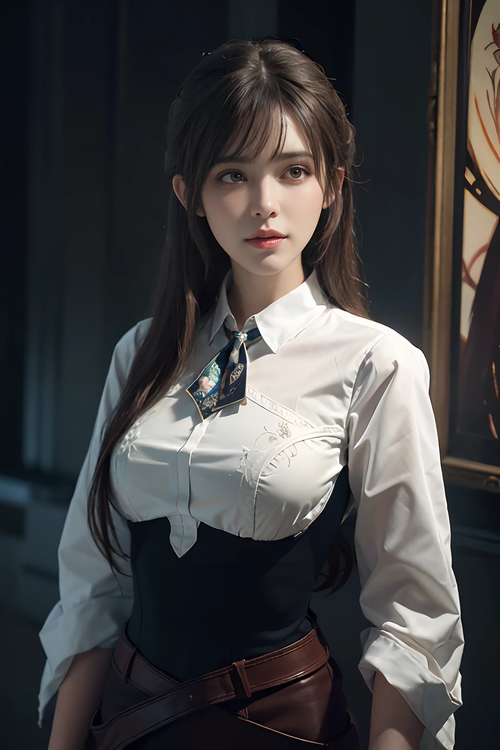 Hyperrealist portrait of female by david hockney and alphonse mucha,fantasy art, photo realistic, dynamic lighting, artstation, poster, volumetric lighting, very detailed faces, 4 k, award winning,, 1girl, in the dark, deep shadow, low key,cowboy shot,(official clothing:1.4) ,long hair,white hair,