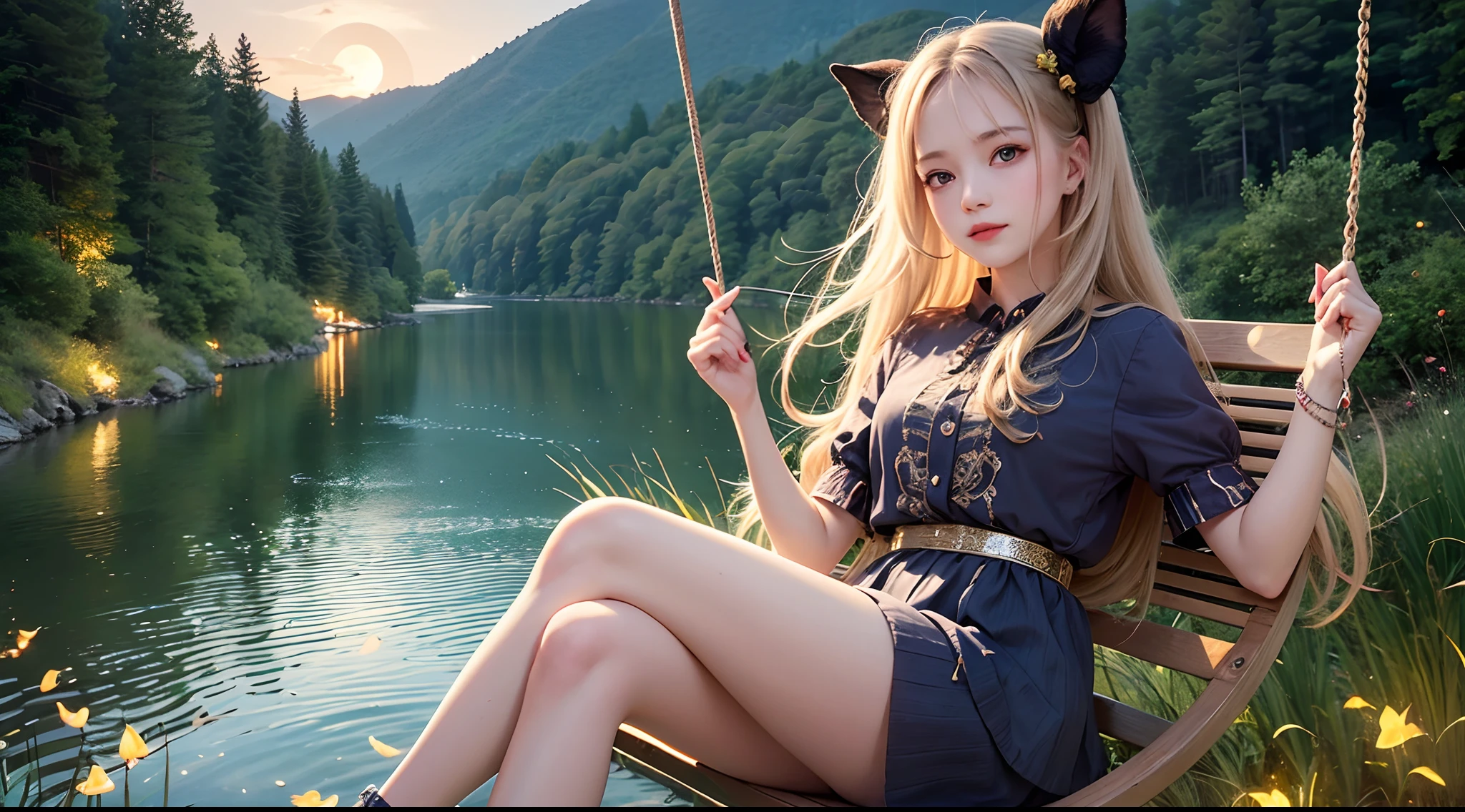 (Prefect cute face), the girl with long flowing hair sits on a swing with a sparkling lake behind her back, moonlight spills on the lake, surrounded by forests and fireflies flying