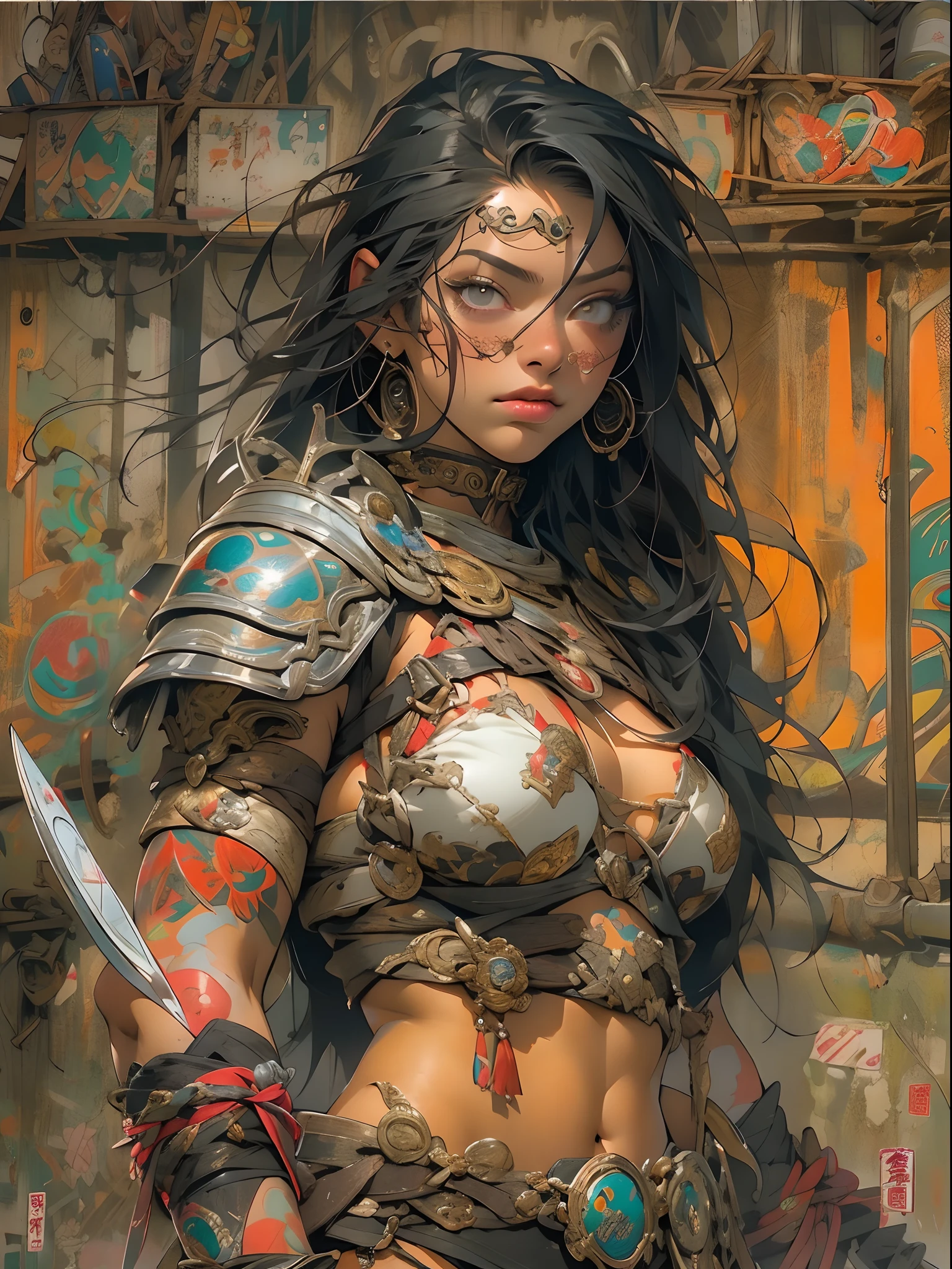(((mulher))), (((melhor qualidade))), (((obra prima))), (((adulto))), ((( japonesa ))), view from the knee up, A beautiful Asian gladiator woman with perfect body, Gladiadores do Brooklyn, hand with gloves and protection on the left arm made of steel and metal tips, olhos puxados, (( parte de baixo dos peitos aparecendo )), (( Tiny floss )), almost naked in Simon Bisley's urban wilderness style for a high-resolution poster, cabelo liso, Minimum clothing, armadura (roupas loucas ), cheio de pontas e rebites, tatuagem tribal, (((corpo inteiro))), cabelo preto liso com as pontas coloridas