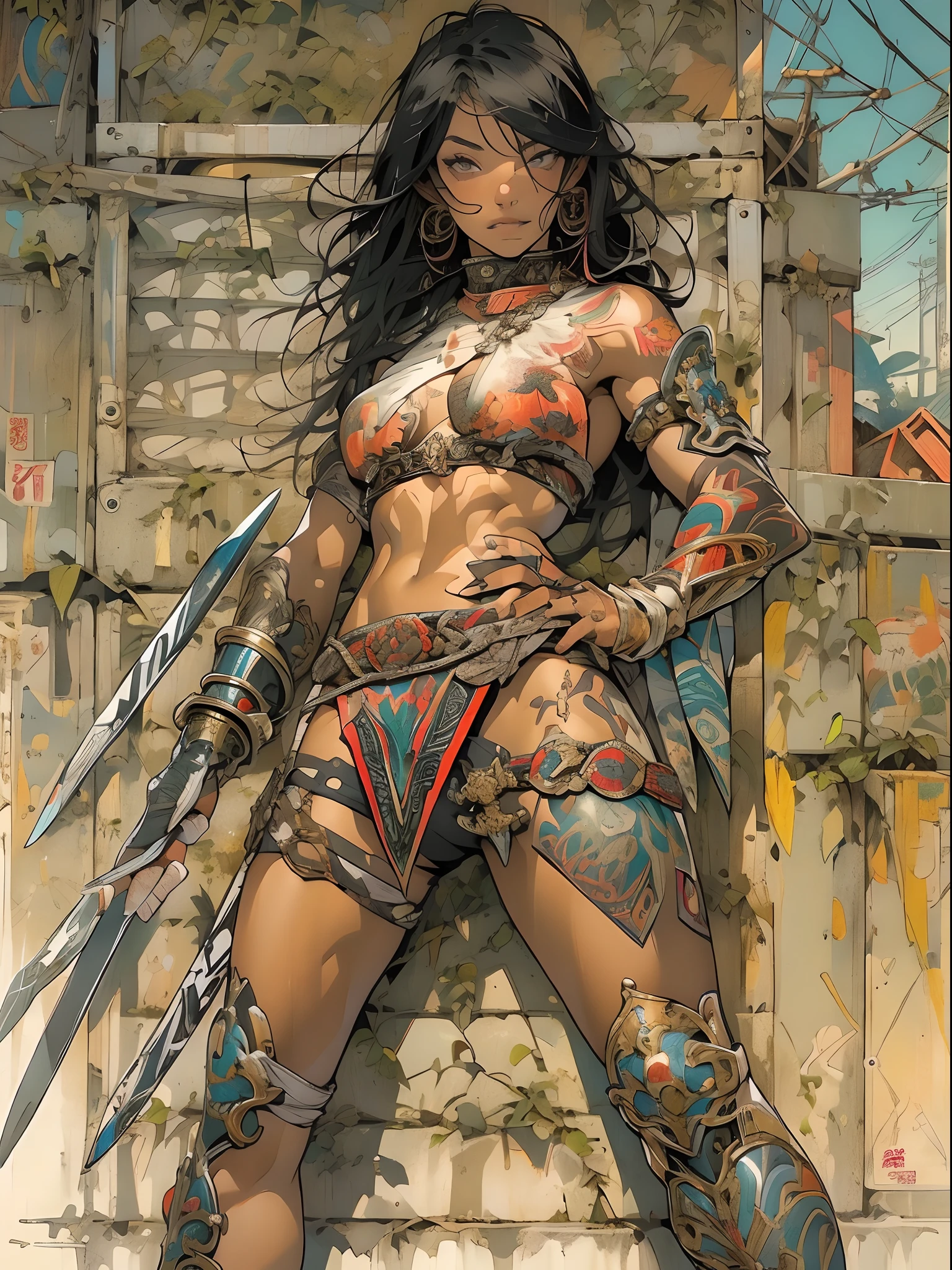 (((mulher))), (((melhor qualidade))), (((obra prima))), (((adulto))), ((( japonesa ))), view from the knee up, A beautiful Asian gladiator woman with perfect body, Gladiadores do Brooklyn, hand with gloves and protection on the left arm made of steel and metal tips, olhos puxados, (( parte de baixo dos peitos aparecendo )), (( Tiny floss )), almost naked in Simon Bisley's urban wilderness style for a high-resolution poster, cabelo liso, Minimum clothing, armadura (roupas loucas ), cheio de pontas e rebites, tatuagem tribal, (((corpo inteiro))), cabelo preto liso com as pontas coloridas