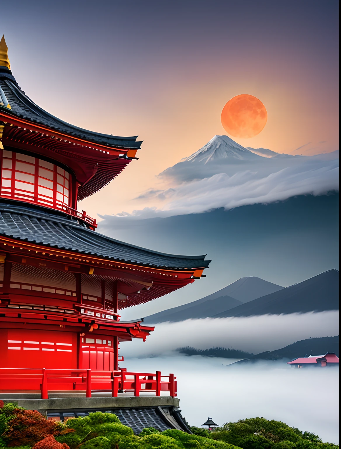 by Ralph Standman、Marko Manev、HDR、A Japanese pagoda surrounded by clouds in 8K style,Red Moon