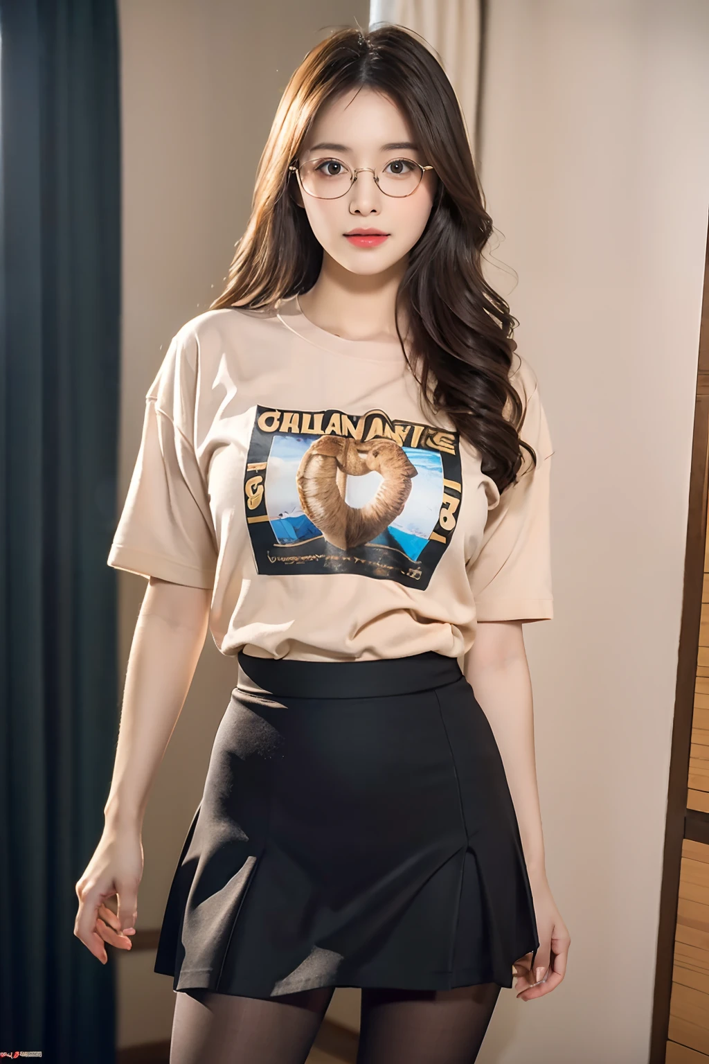 ulzzang-6500-v1.1,(raw photo:1.2), (photorealistic:1.4), beautiful detailed girl, very detailed eyes and face, beautiful detailed eyes, ridiculous, incredibly ridiculous, huge file size, super detailed, high resolution, very detailed, best quality, masterpiece, ((t-shirt)), illustration, very detailed, CG, unified, 8k wallpaper, amazing, fine details, masterpiece, Best quality, very detailed CG unified 8k wallpaper, face light, movie lighting, 1girl, 16 years old, long white hair, side split, (big breasts), (no panties)), (with glasses), (dynamic pose), (sexy pose), ((camel toe))), (half), ((pantyhose)), ((black hip skirt)), (bent knees)))))