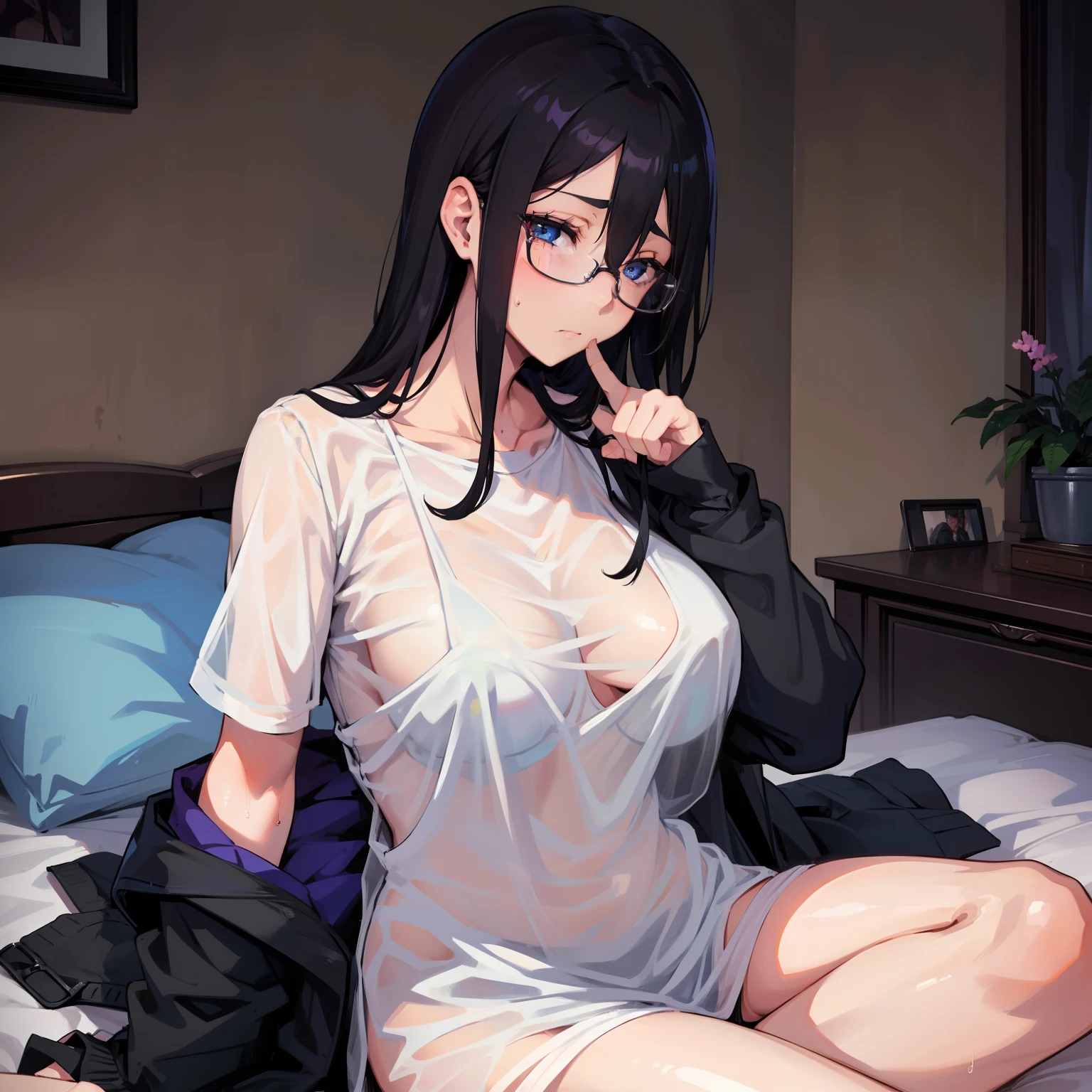 1girl, black hair, glasses, black mask, see-through clothes, blue eyes, medium breasts, sitting on a bed, sweating,
