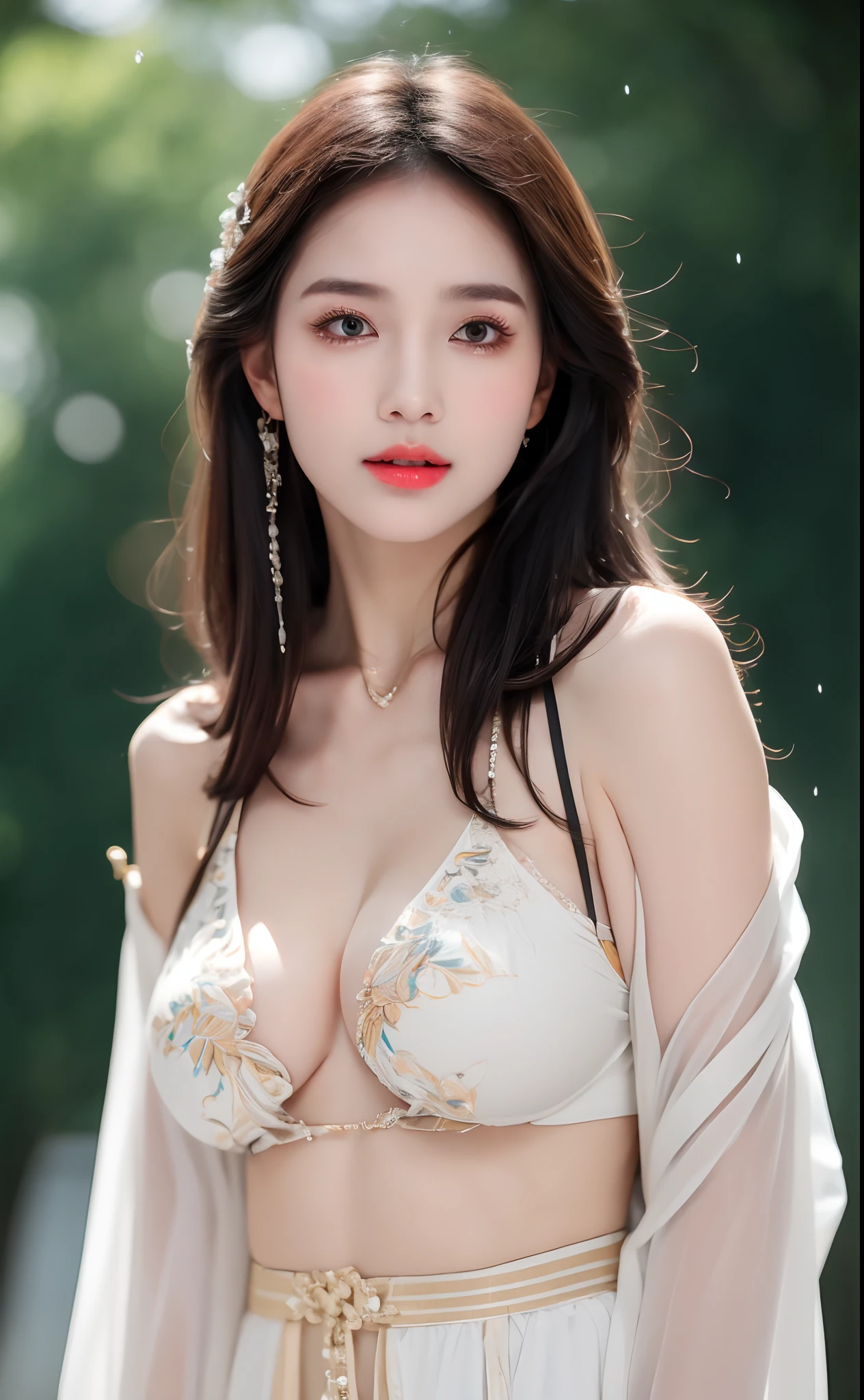 ((Best Quality, 8k, Masterpiece: 1.3)), Focus: 1.2, Perfect Body Beauty: 1.4, Buttocks: 1.2, ((Layered Haircut)), (Wet Clothes: 1.1), (Rain, Street:1.3), (Breasts: 1.2), (Hanfu: 1.2), Bare Shoulders, Bare Legs, Highly Detailed Face and Skin Texture, Fine Eyes, Double Eyelids, Whitened Skin, Long Hair, (Shut Up: 1.5), (Bokeh Background: 1.5), Big Breasts