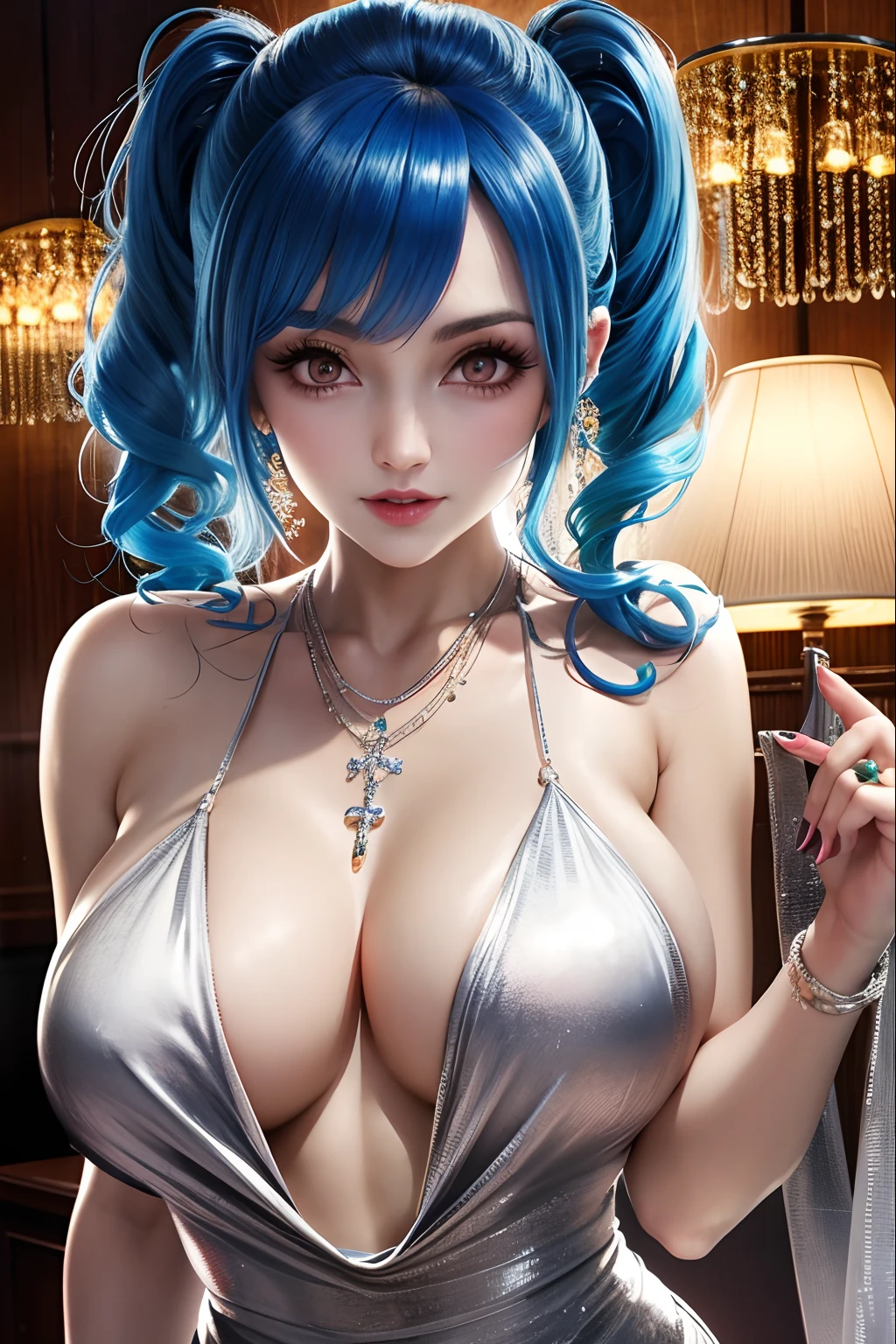 1girl, st. louis \(azur lane\), st. louis \(luxurious wheels\) \(azur lane\), dress, blue hair, plunging neckline, silver dress, revealing clothes, jewelry, necklace, halter dress, halterneck, evening gown, handbag, side ponytail, thighs, armpits, bangs, sidelocks, bare shoulders, solo, backless dress,huge breasts,shiny,shiny skin,mature female,