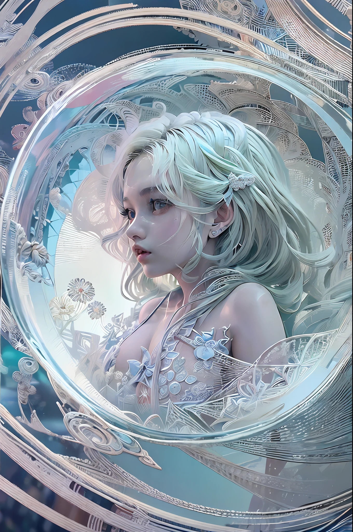 (masterpiece, top quality, best quality, official art, beautiful and aesthetic:1.2), (1 naked girl:1.2), cute, extreme detailed,(abstract:1.4, fractal art:1.3),(silver_hair:1.1), blue eyes,colorful,highest detailed, Beautiful girl trapped inside a big soap bubble,Game of Thrones,Tai Chi,