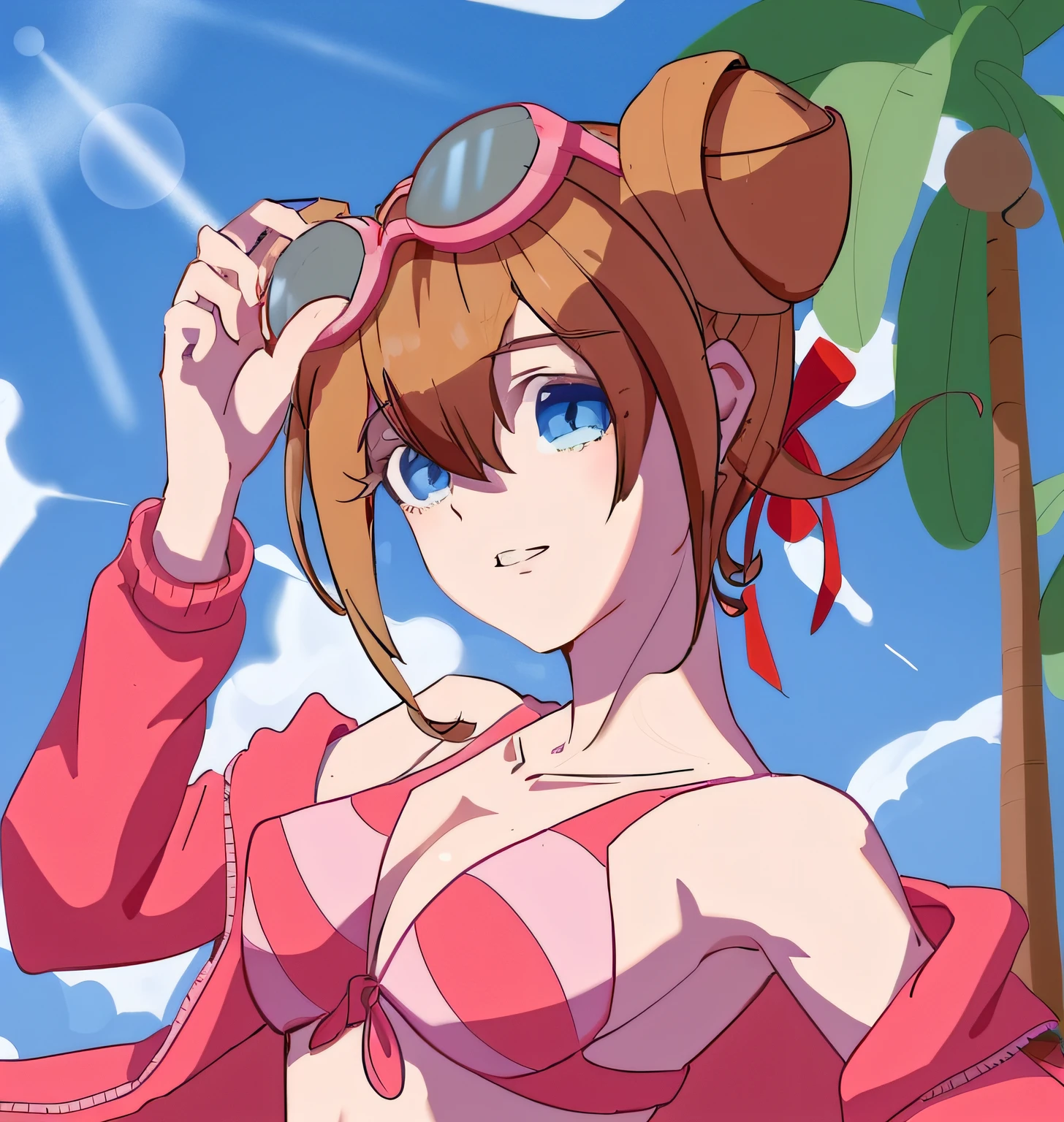 Anime girl in pink bikini with sunglasses and palm tree, Loli, overwatch tracer in a bikini, in a bathing suit, anime moe art style, honest, New Xiangcheng, High Quality Anime Art Style, commission for high resolution, Marin Kitagawa fanart, drawn in anime painter studio, author：New Art, swimsuit, asuka suit under clothes!