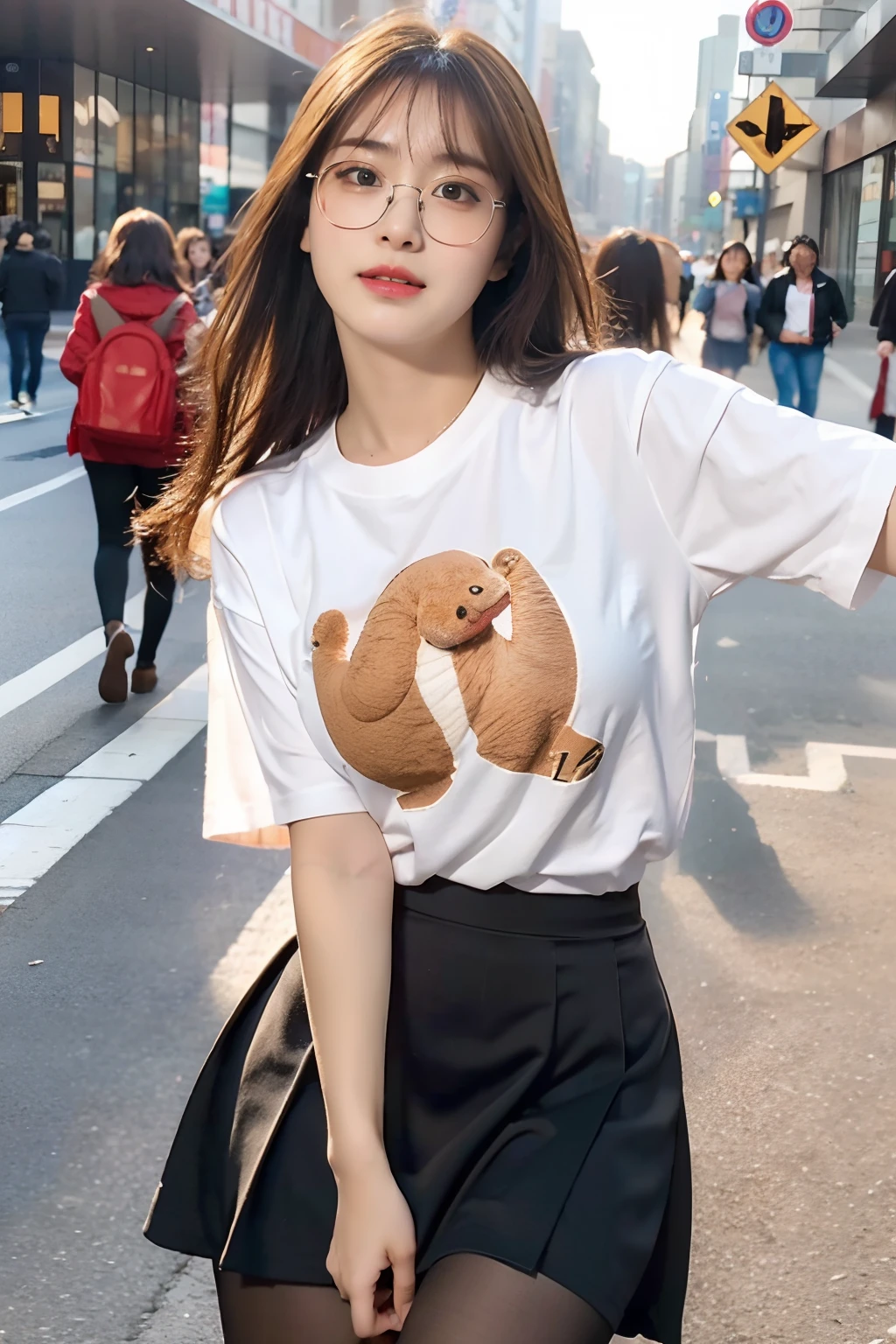 ulzzang-6500-v1.1,(raw photo:1.2), (photorealistic:1.4), beautiful detailed girl, very detailed eyes and face, beautiful detailed eyes, ridiculous, incredibly ridiculous, huge file size, super detailed, high resolution, very detailed, best quality, masterpiece, ((t-shirt)), illustration, very detailed, CG, unified, 8k wallpaper, amazing, fine details, masterpiece, Best quality, very detailed CG unified 8k wallpaper, face light, movie lighting, 1girl, , long white hair, side split, (big breasts), (no panties)), (with glasses), (dynamic pose), (sexy pose), ((camel toe))), (half), ((pantyhose)), ((black hip skirt)), (bent knees)))))