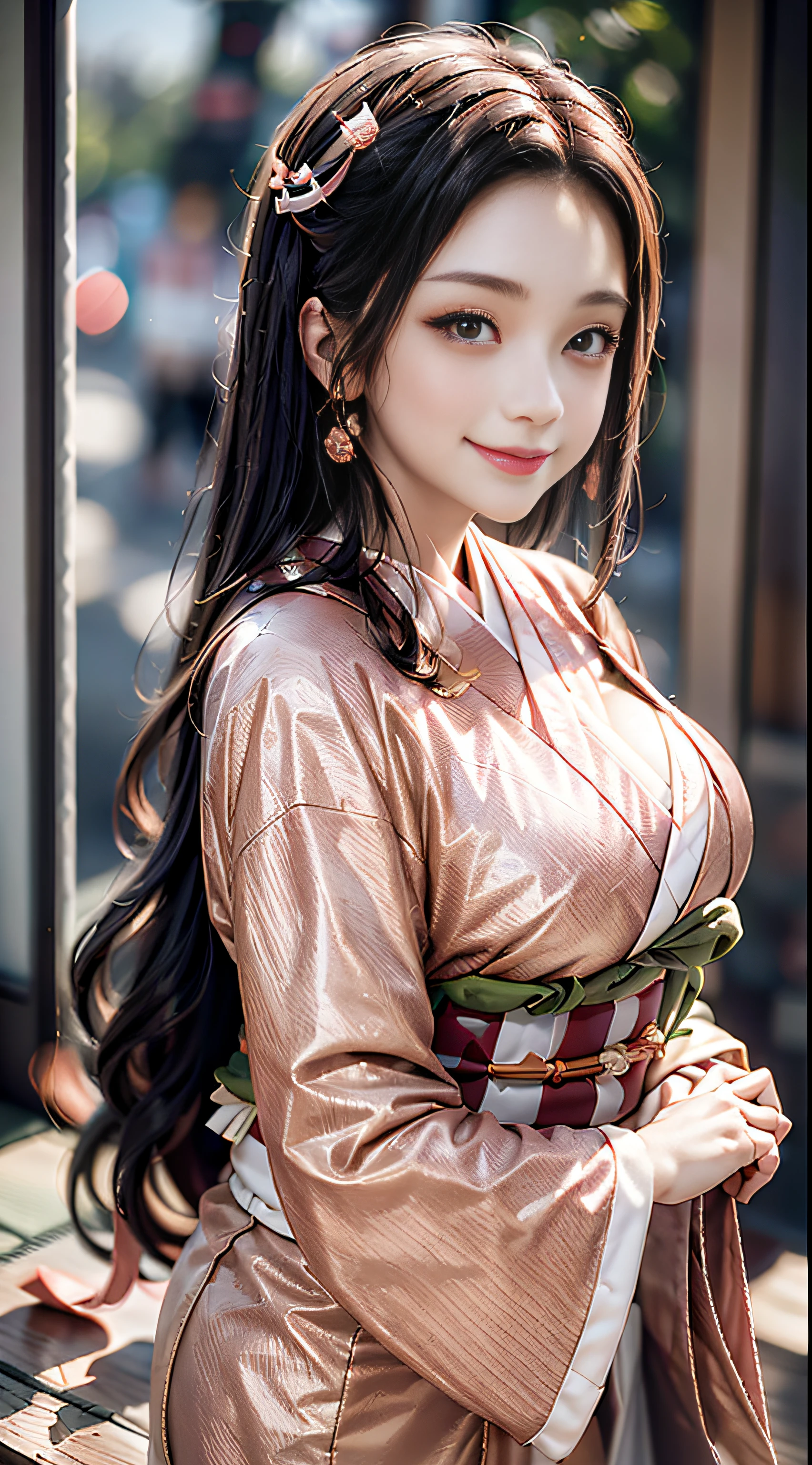 Wear kimono well、(masutepiece: 1.2), Best Quality, masutepiece, High resolution, Original, Highly detailed wallpapers, (super detailing), (Best Illustration), (better shadows), (Nezuko), Smile, blusher,  (perspiring), Under the breasts,