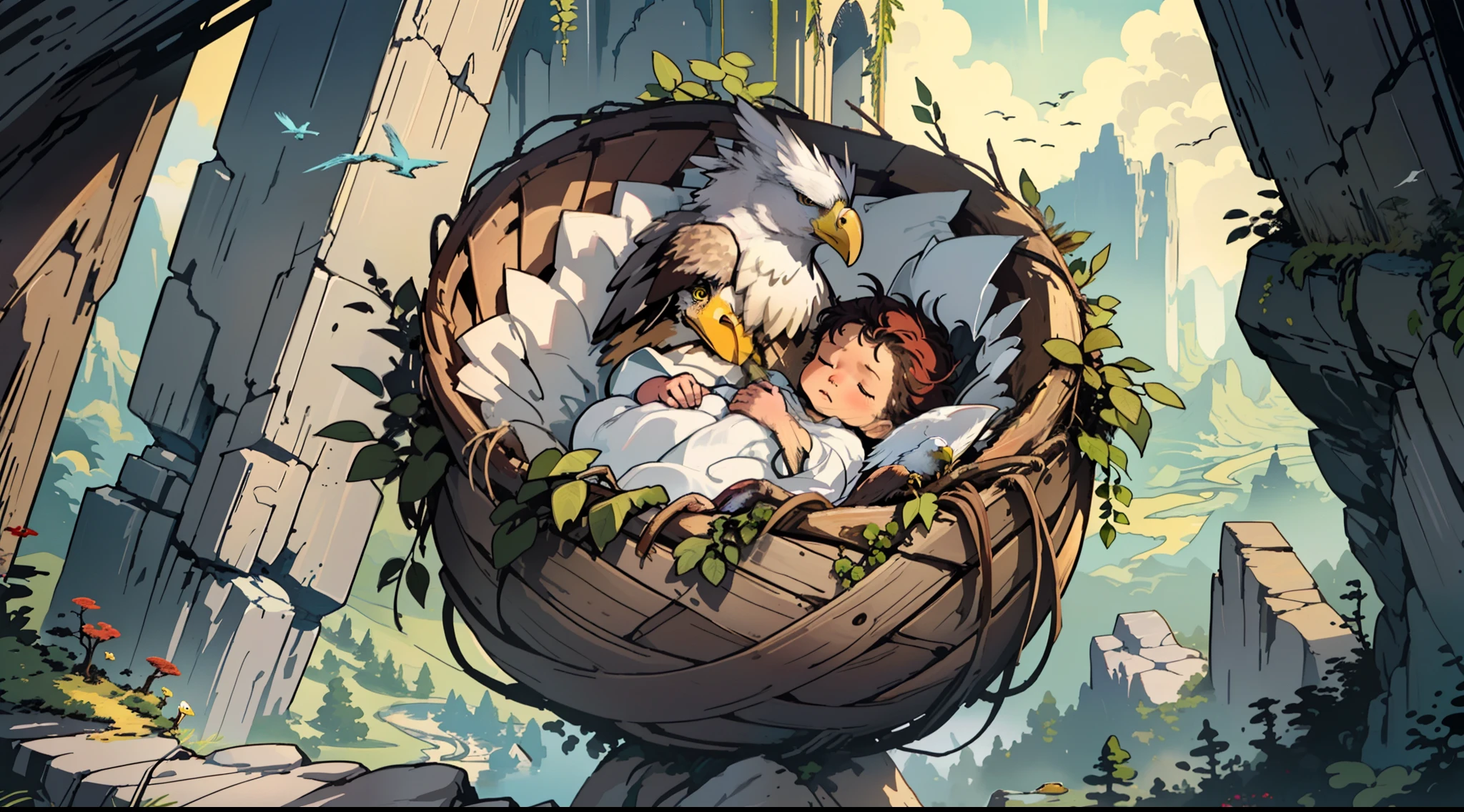 "Newborn baby peacefully sleeping in a delicate wicker basket, accompanied by an awe-inspiring and majestic eagle with vibrant, enchanting plumage, perched gracefully on a rugged rock."