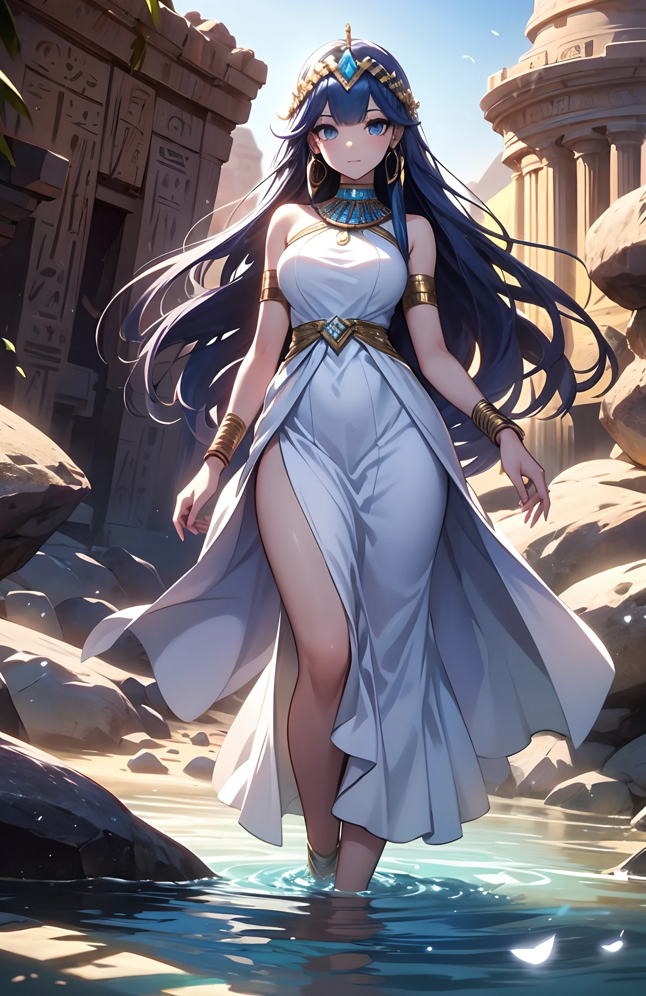 best qualityer，tmasterpiece，Ultimate resolution，downy，Extremely colorful，Colorful，Oasis background，Ancient Egyptian woman，Long azure hair，a matural female，Long white dress in Egyptian style，a white long skirt，Treading water，Desert oasis，Nile River，Normal posture