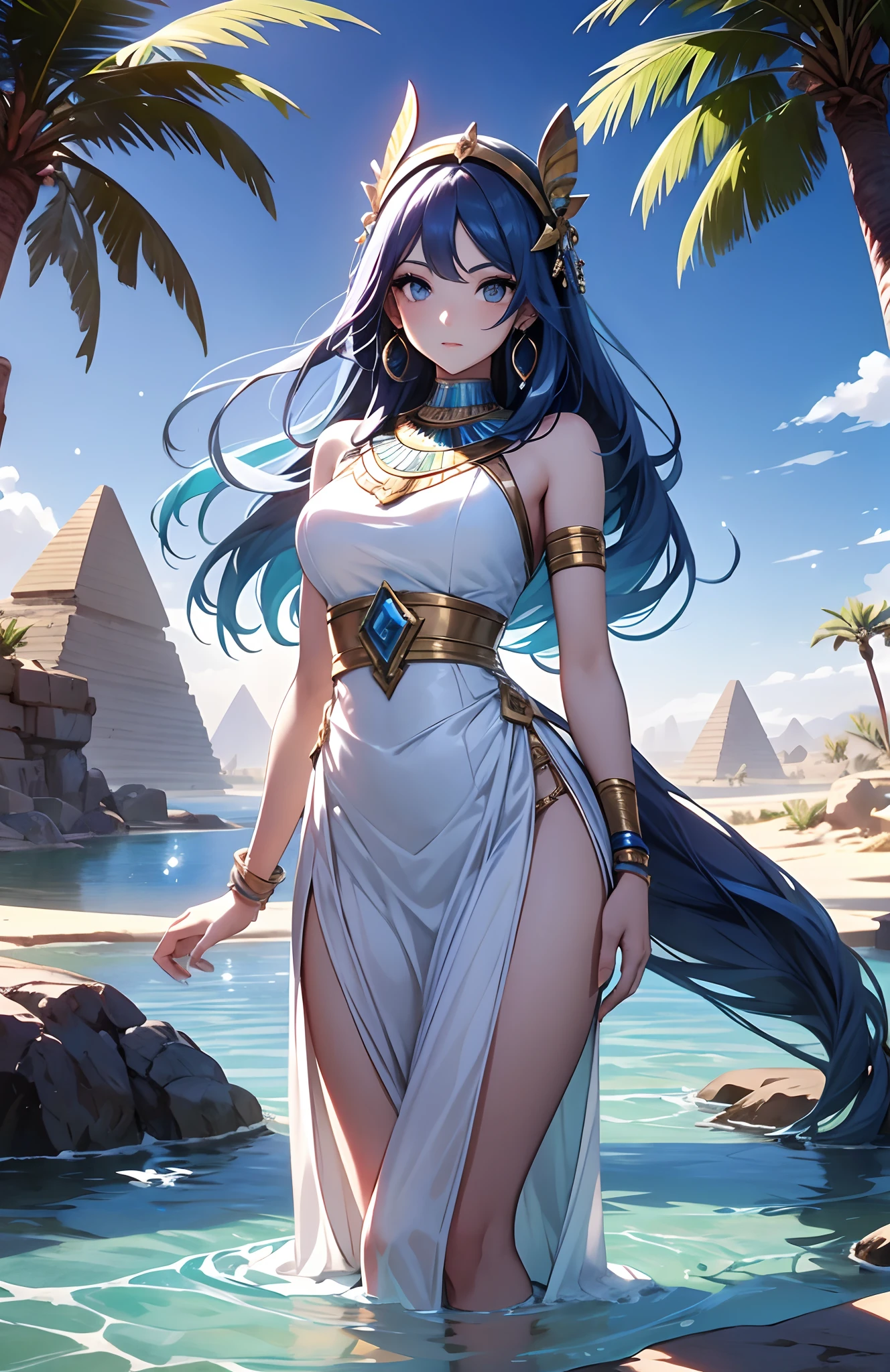 best qualityer,tmasterpiece,Ultimate resolution,downy,Extremely colorful,Colorful,Oasis background,Ancient Egyptian woman,Long azure hair,a matural female,Long white dress in Egyptian style,a white long skirt,Treading water,Desert oasis,Nile River,Normal posture