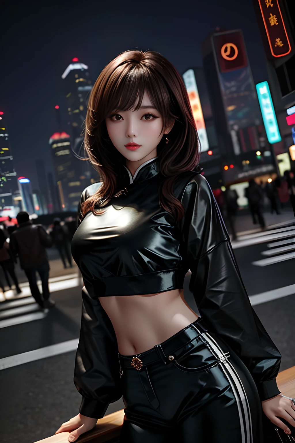 tmasterpiece, Best quality at best, 1girll, from below, underboobs, mediuml breasts, hot pant, Crop tops, brunette color hair, 黑The eye,Chinese woman,Bottom-up perspective,City Night,dual horsetail
