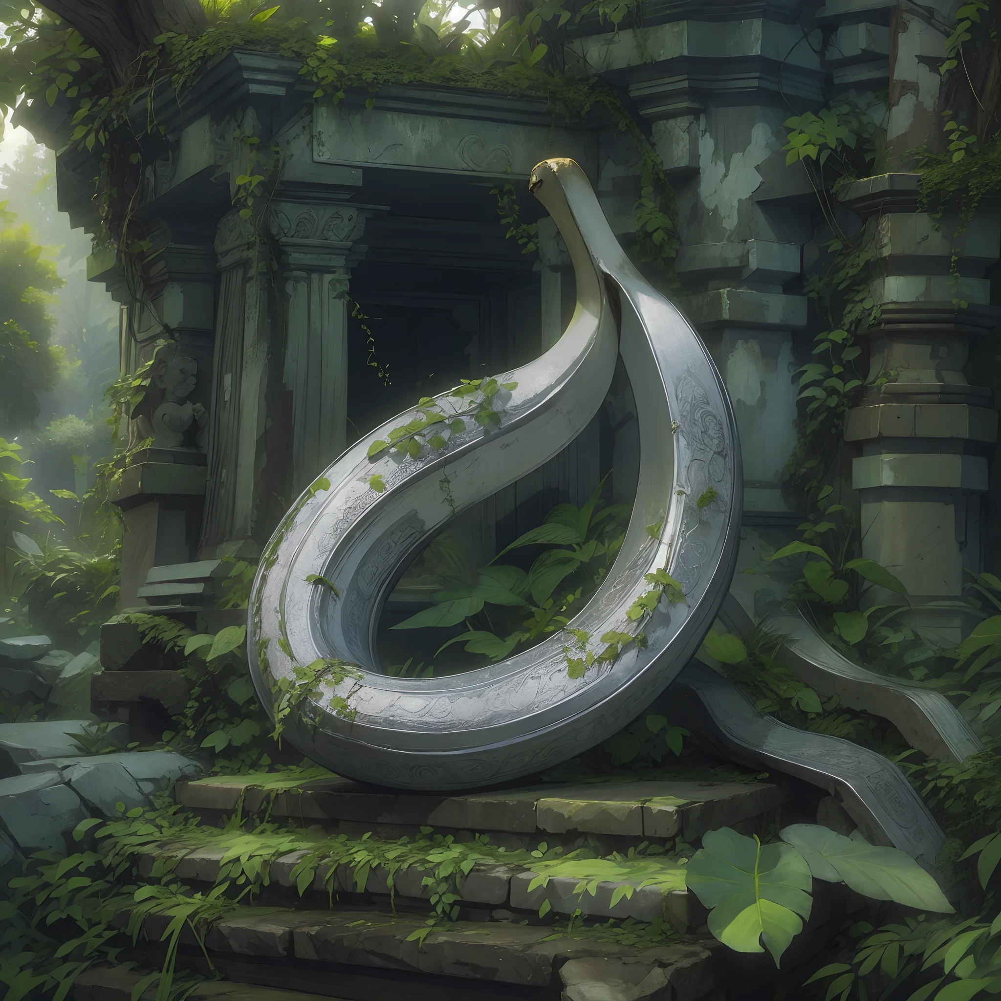 A silver banana on an ancient thrown in an ancient temple overgrown with nature and vines