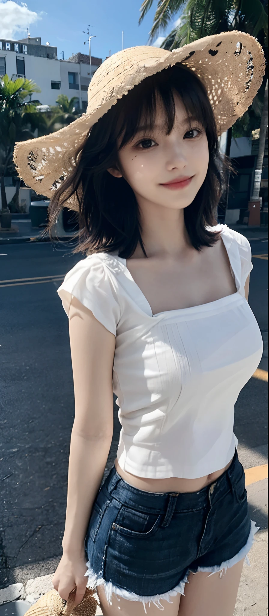 ((Best Quality, 8K, Masterpiece: 1.3)), (Sunscreen Straw Hat: 1.3), Focus: 1.2, Perfect Body Beauty: 1.4, (Layered Haircut: 1.2)), (Street: 1.3), Highly Detailed Face and Skin Texture, Full Body, Delicate Eyes, Double Eyelids, Whitened Skin, Long Hair, (Round Face: 1.5), (Short Sleeves, Shorts: 1.6). smile