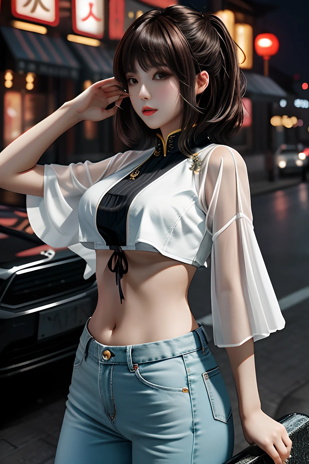 tmasterpiece， Best quality at best， 1girll， from below， underboobs， mediuml breasts， hot pant， Crop tops， brunette color hair， 黑The eye，Chinese woman，Bottom-up perspective，City Night，dual horsetail