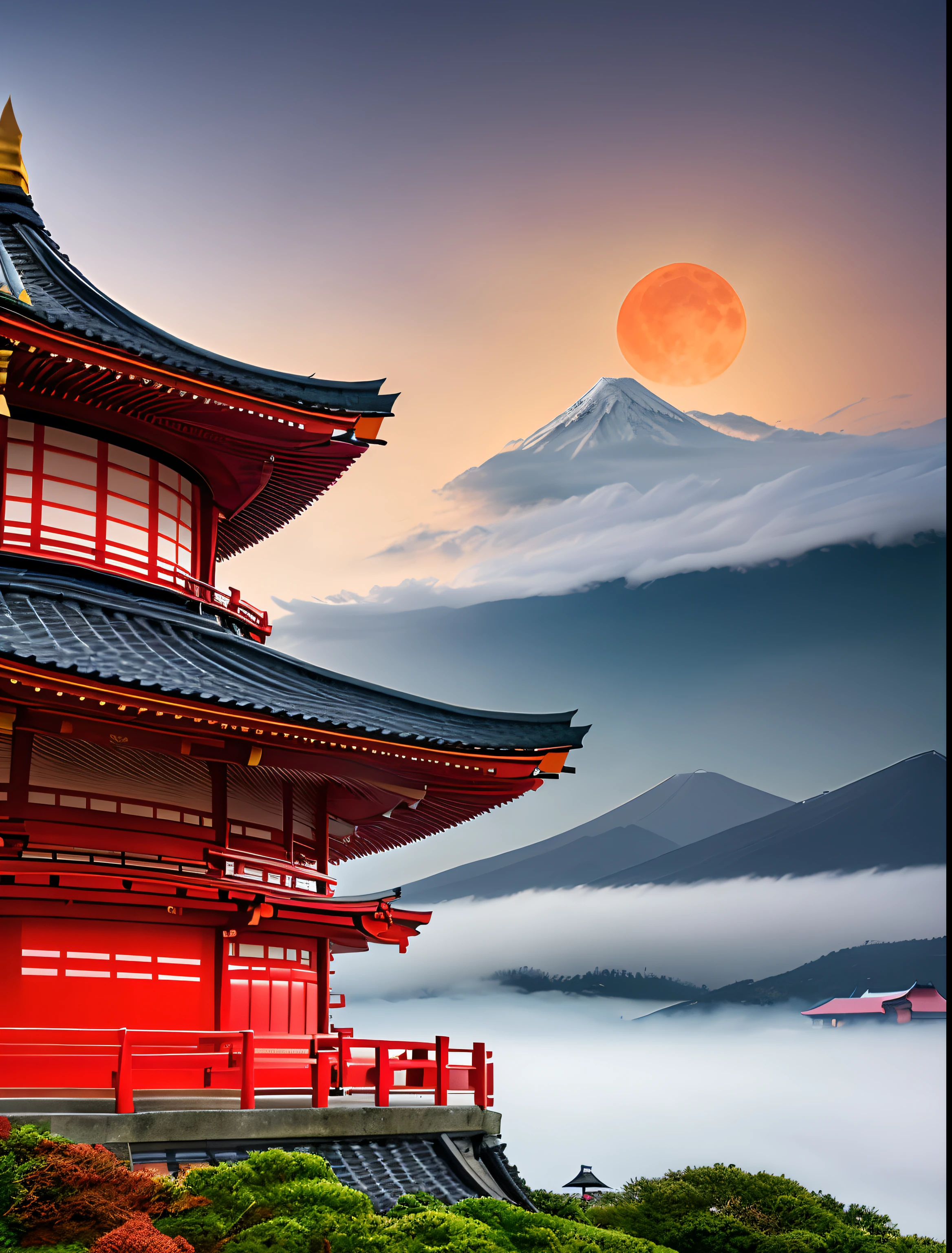 by Ralph Standman、Marko Manev、HDR、A Japanese pagoda surrounded by clouds in 8K style,Red Moon