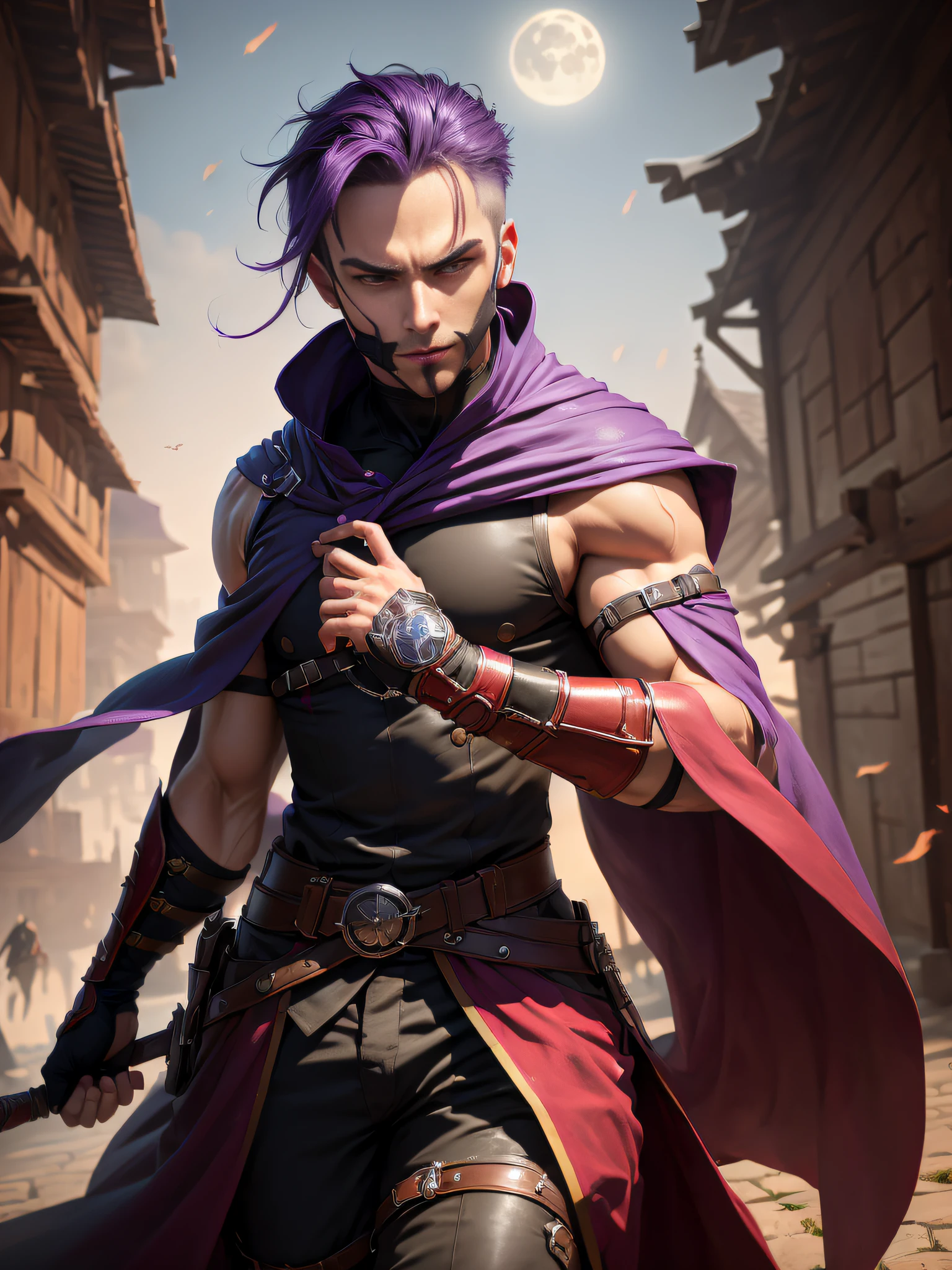 (((masutepiece, Best Quality, ultra-detailed))), (Male talented assassin, solo, fighting in acrobatic action, Unapproachable vibe, Serious, Perfect fingers, Perfect hands, Looking down to Viewer), 35 years old, (Medieval assassin costume, long assassin cloak, mouth mask, back hand), Medieval secret guild outside as background, midnight, moon lighting, tense air, From above, Dynamic Angle, Purple hair, Very short hair, Male face, villain's face, Forehead, male eyebrows, Male Eyes, sharp nose, adam's apple, (red sharp eyes), Red pupils glowing,