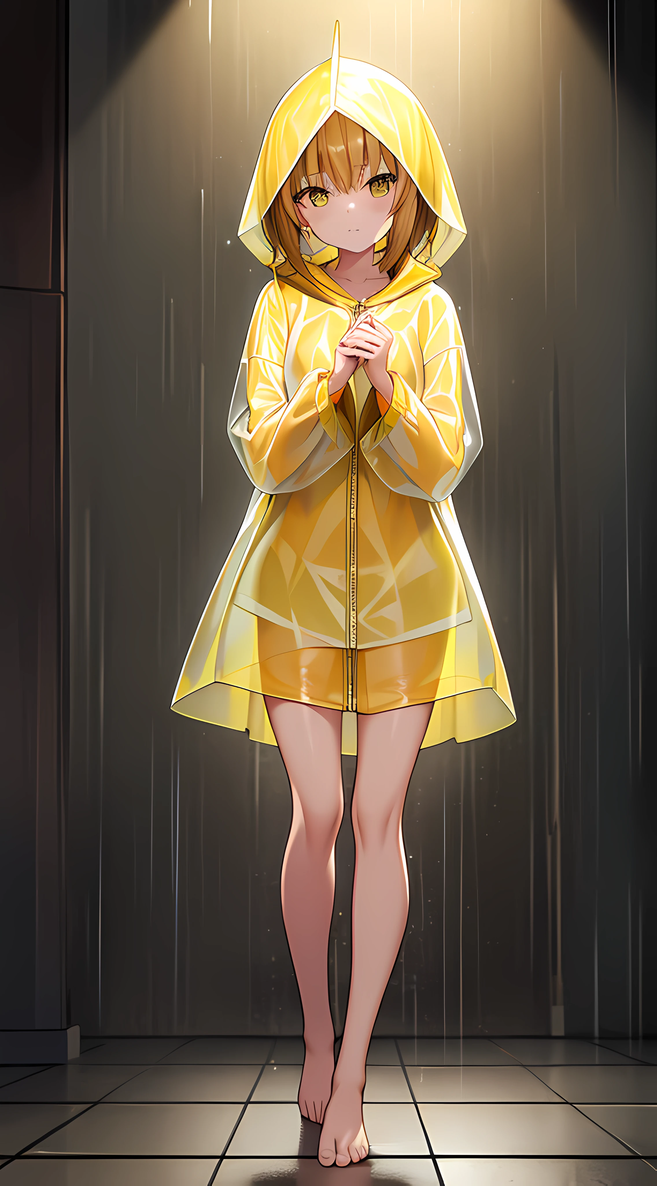 Short yellow raincoat girl，A hood that covers your face，squating，Back view，Barefoot and barefoot，Accentuates the raincoat gel texture，Accentuates the translucent texture of the raincoat。