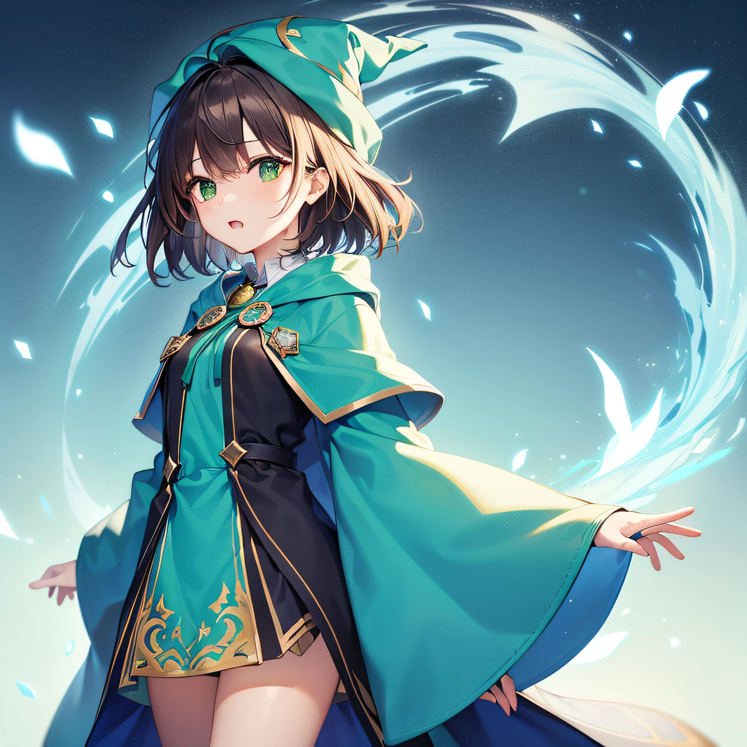 top-quality、extremely delicate and beautiful、((A teenage girl))、Green eyes、Small breasts、Short hair、Brown hair mixed in、Short hair、(Green Wizard Hat)、（a large blue ribbon on the head）Soio、Green clothing、long-sleeve、Red brooch on the neck、((Blue wizard robe dressed in green))、Standing
