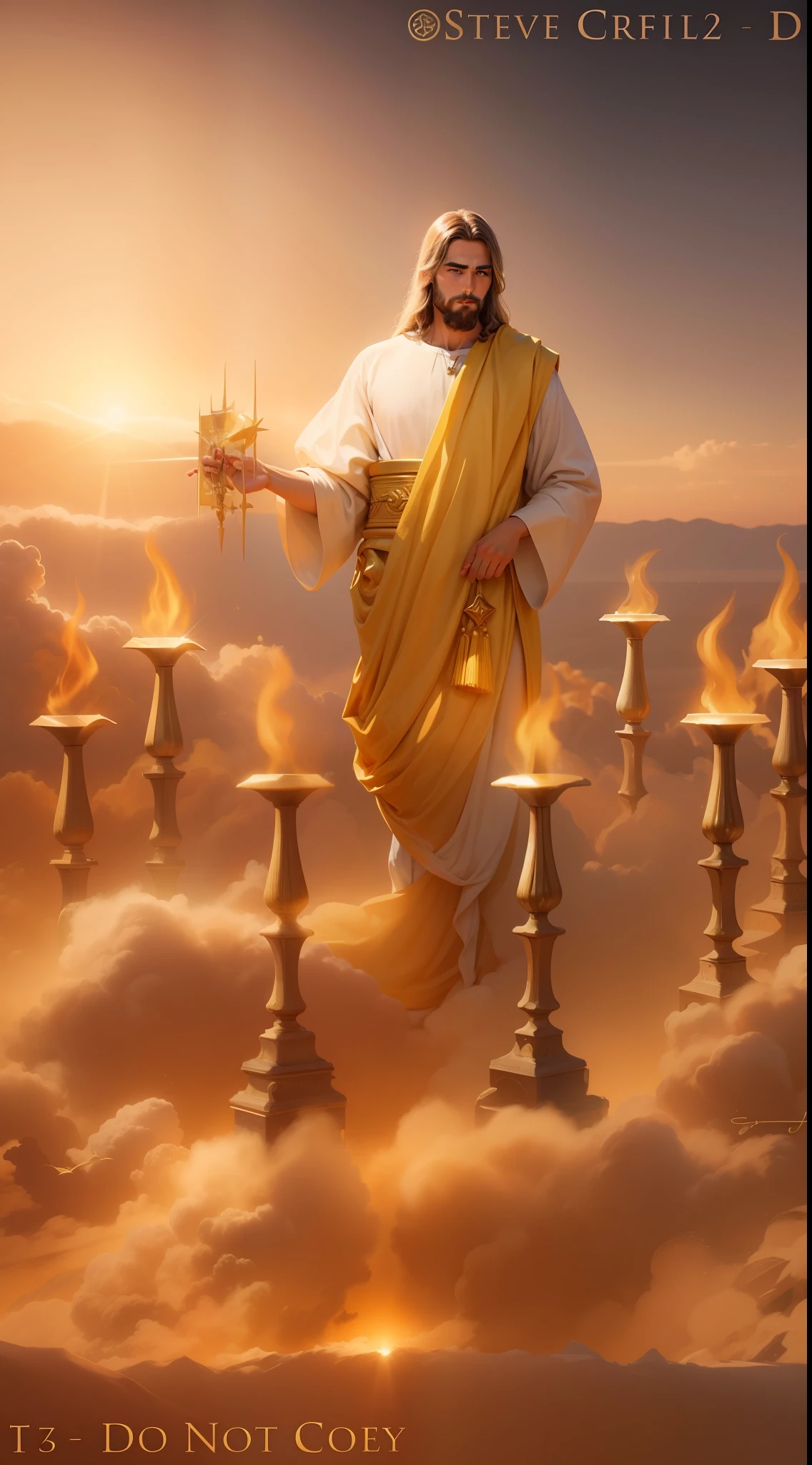 Jesus Cristo com cabelos brancos com aspecto resplandecente como o sol andando no meio de Candeeiros de Ouro puro lindo e dourado. Image with very high lighting quality, Very high resolution image, image with very high coloration, imagem realista, imagem hiperdetalhada