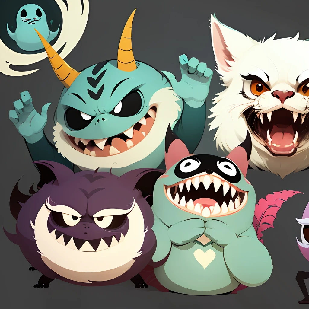 cartoon monsters in flat style, icon, vector illustration, funny creature on white background, with horns, big teeth and eyes smiling, waving. --auto --s2