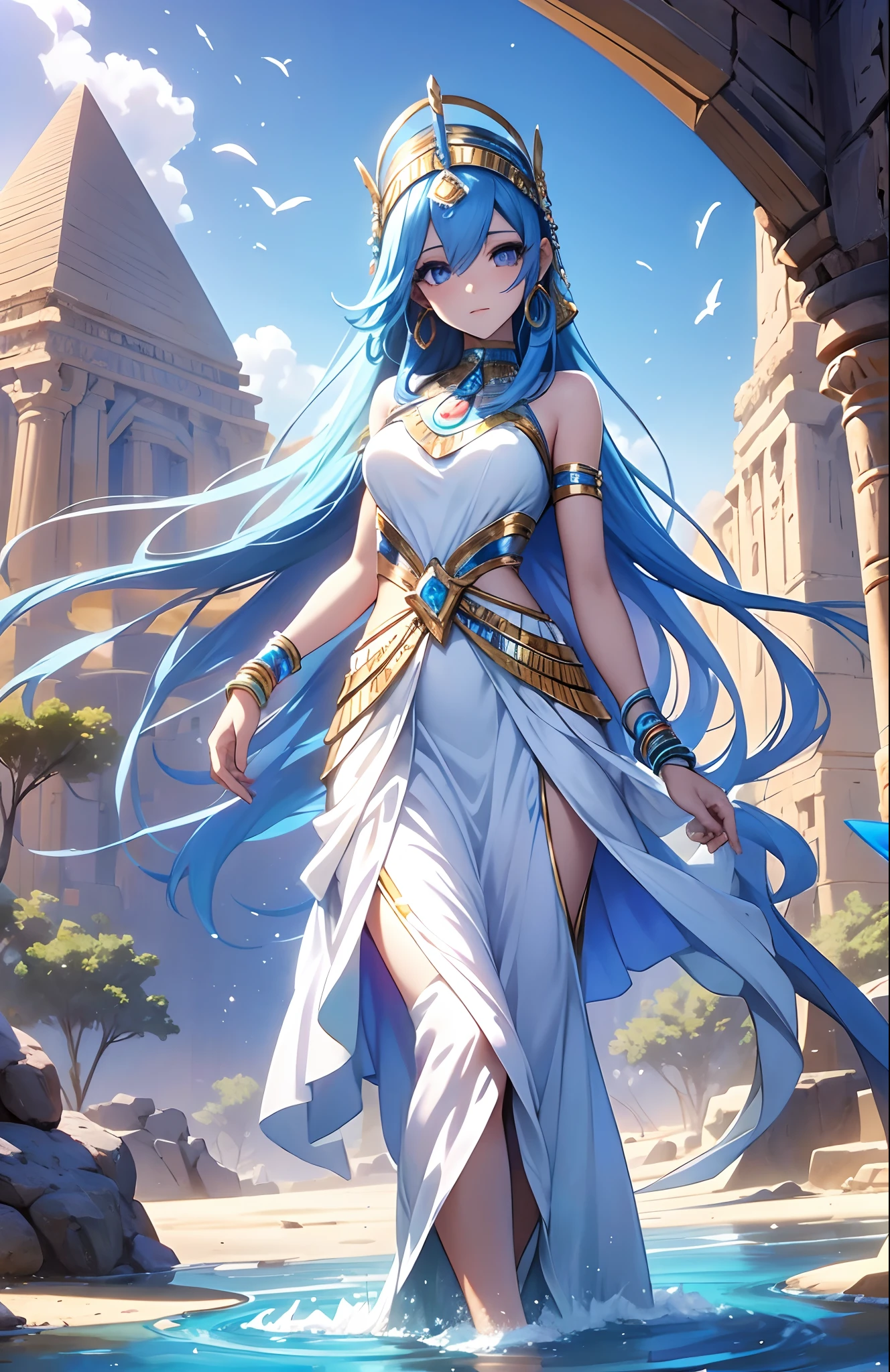 best qualityer,tmasterpiece,Ultimate resolution,downy,Extremely colorful,Colorful,Oasis background,Ancient Egyptian woman,Long azure hair,a matural female,Long white dress in Egyptian style,a white long skirt,Treading water,Desert oasis,Nile River,Normal posture