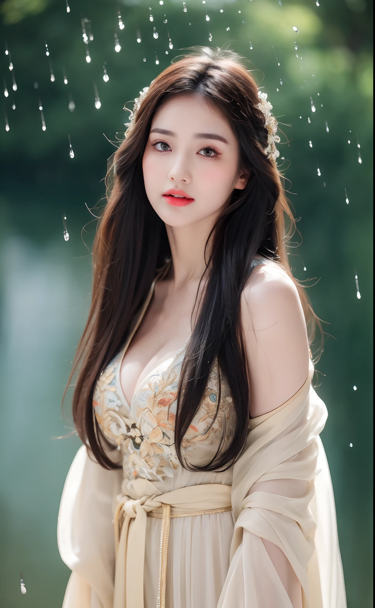 ((Best Quality, 8k, Masterpiece: 1.3)), Focus: 1.2, Perfect Body Beauty: 1.4, Buttocks: 1.2, ((Layered Haircut)), (Wet Clothes: 1.1), (Rain, Street:1.3), (Breasts: 1.2), (Hanfu: 1.2), Bare Shoulders, Bare Legs, Highly Detailed Face and Skin Texture, Fine Eyes, Double Eyelids, Whitened Skin, Long Hair, (Shut Up: 1.5), (Bokeh Background: 1.5), Big Breasts
