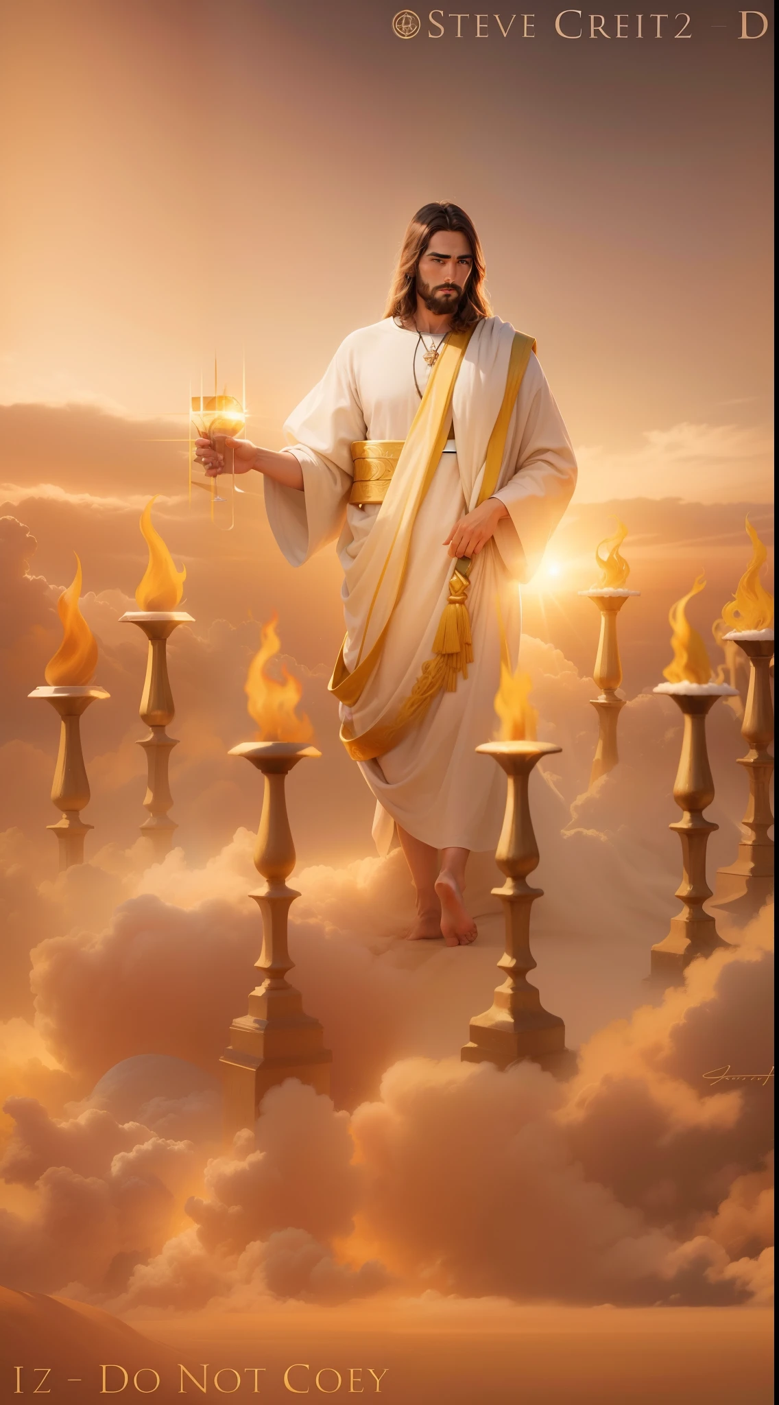 Jesus Cristo com cabelos brancos com aspecto resplandecente como o sol andando no meio de Candeeiros de Ouro puro lindo e dourado. Image with very high lighting quality, Very high resolution image, image with very high coloration, imagem realista, imagem hiperdetalhada