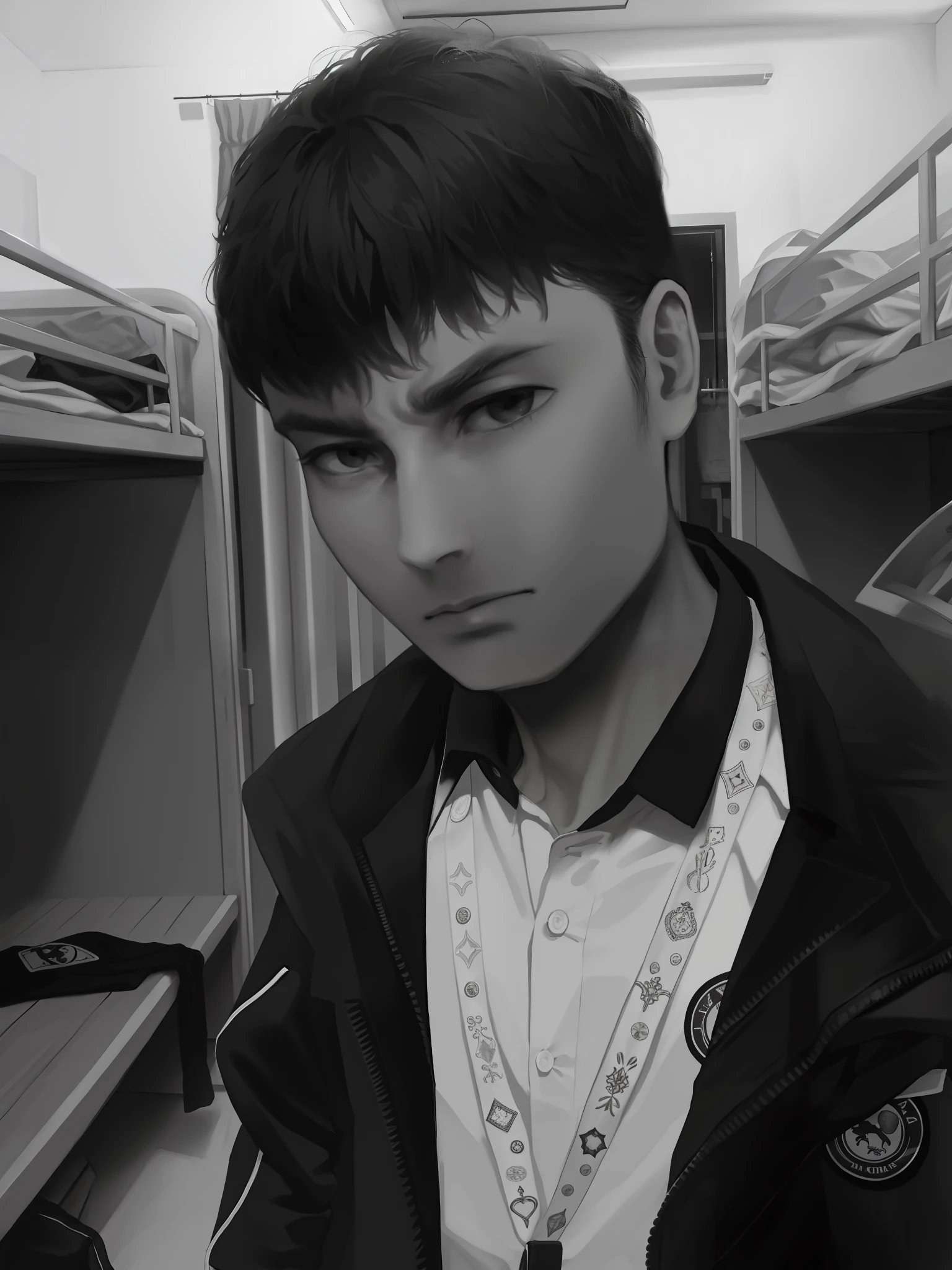 The Arad man in a black jacket stands in a room with bunks，The expression is serious