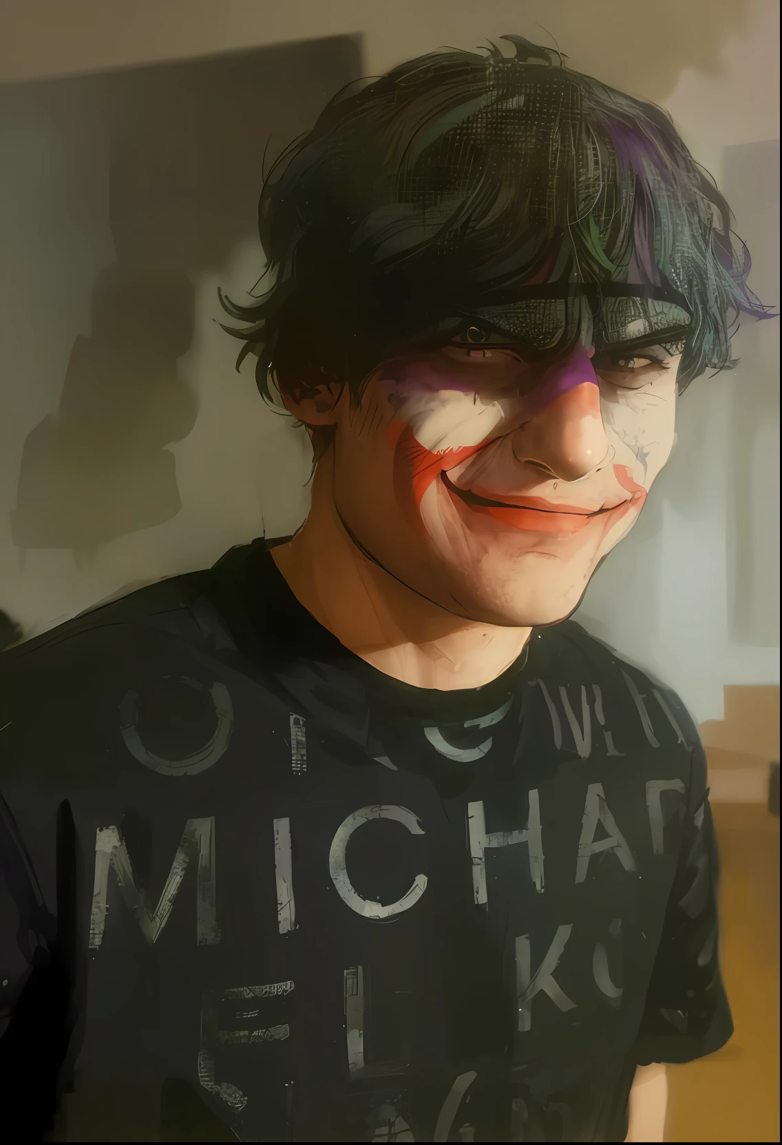 ((Vector)), (((Comics style))), A Joker\(Joker 2019\), green hair, evil smile, epic, realistic, faded, neutral colors, ((((hdr)))), ((((muted colors)))), intricate scene, artstation, hyperdetailed, cinematic shot, warm lights, dramatic light, intricate details, vignette, complex background, [[teal and orange]], slate gray atmosphere, hyperdetailed, (closeup:0.9), ((Vector)), ((Comics style)), ((full mask joker)), ((full Comics style))