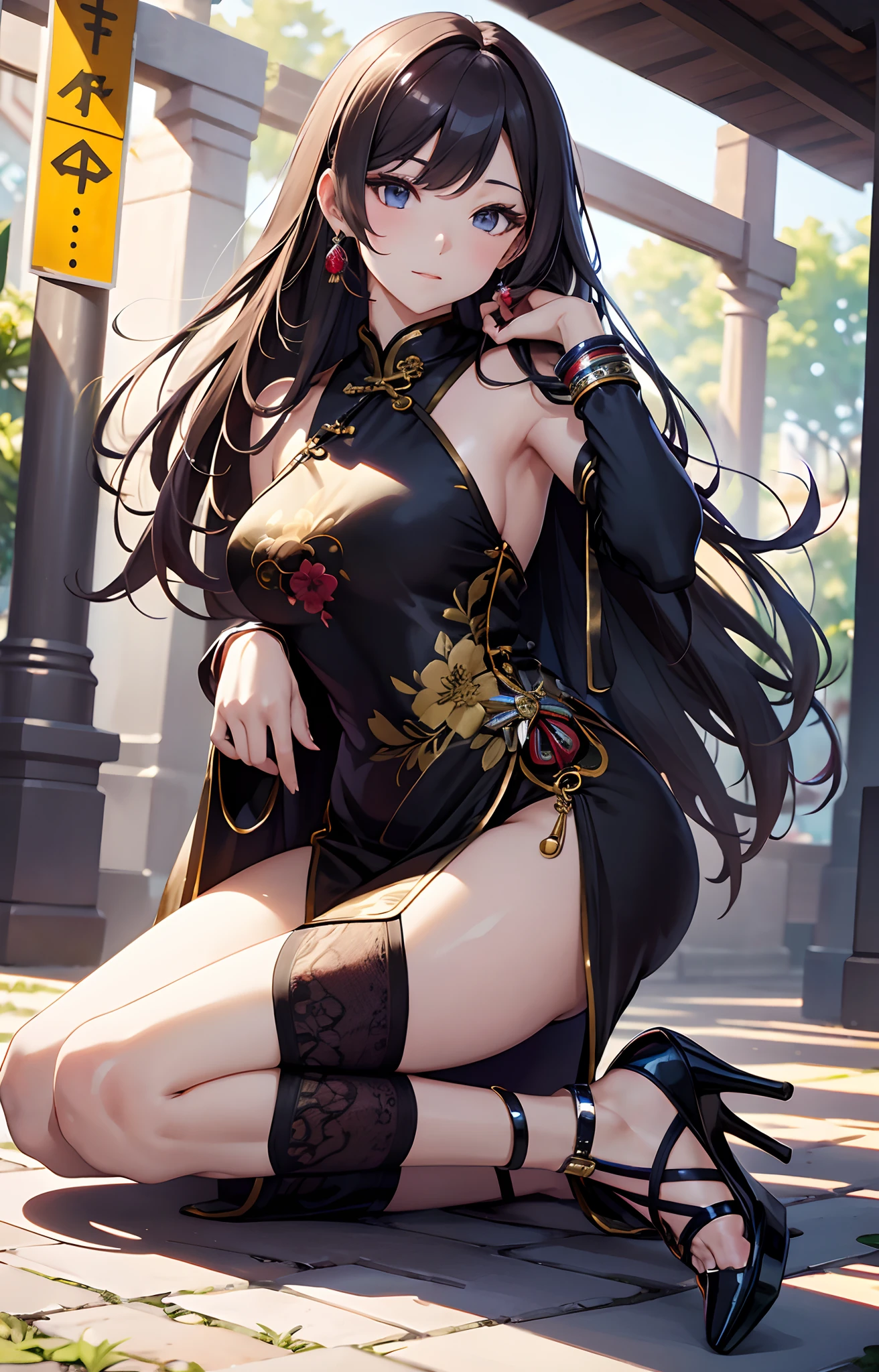 best qualityer,tmasterpiece,Ultimate resolution,downy,Extremely colorful,Cheongsam beauty,A MILF,on cheongsam,Kneeling pose,(Point at you with your ass),Collar,Anklets,high-heels,high-heels,Correct posture