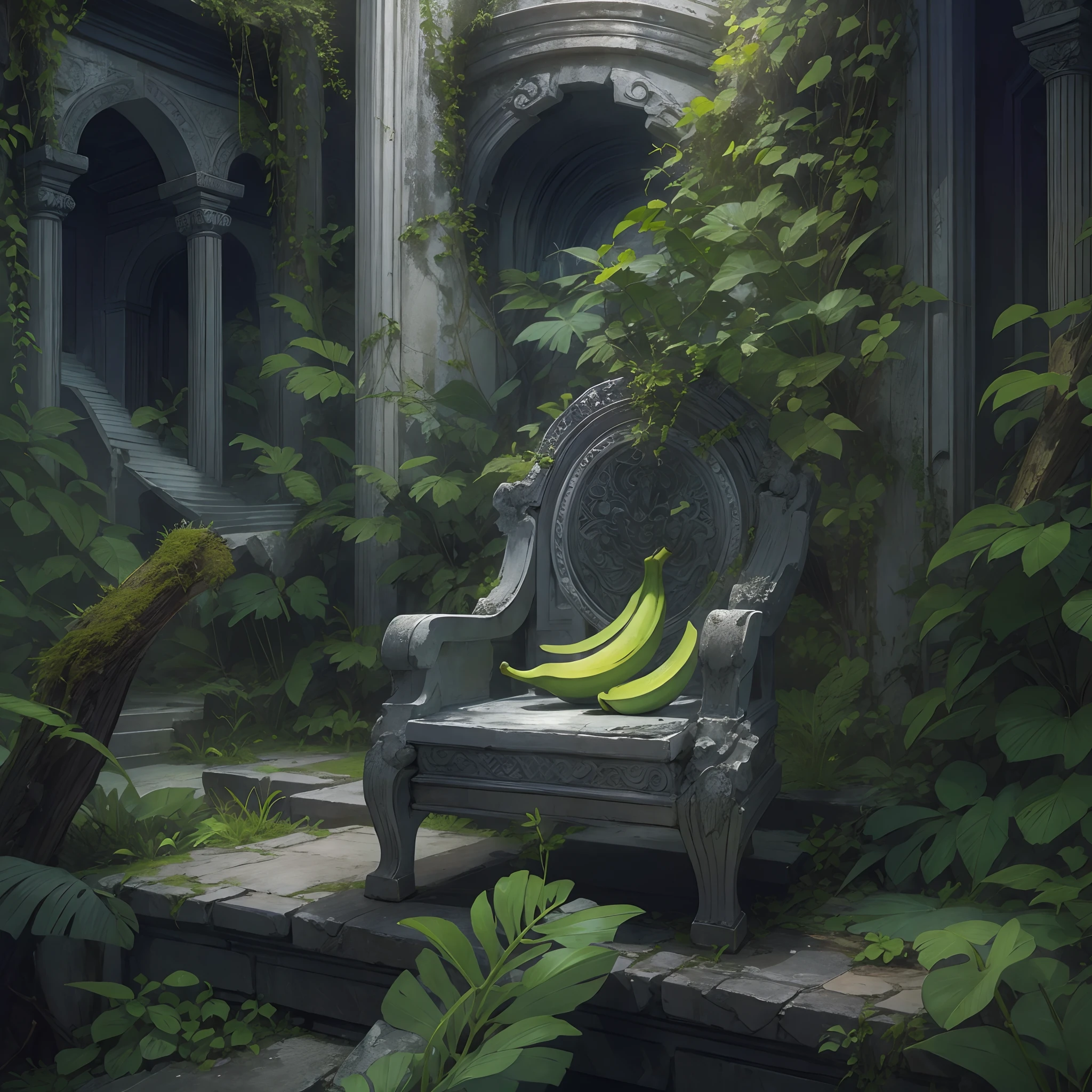 A silver banana on an ancient throne in an ancient temple overgrown with nature and vines