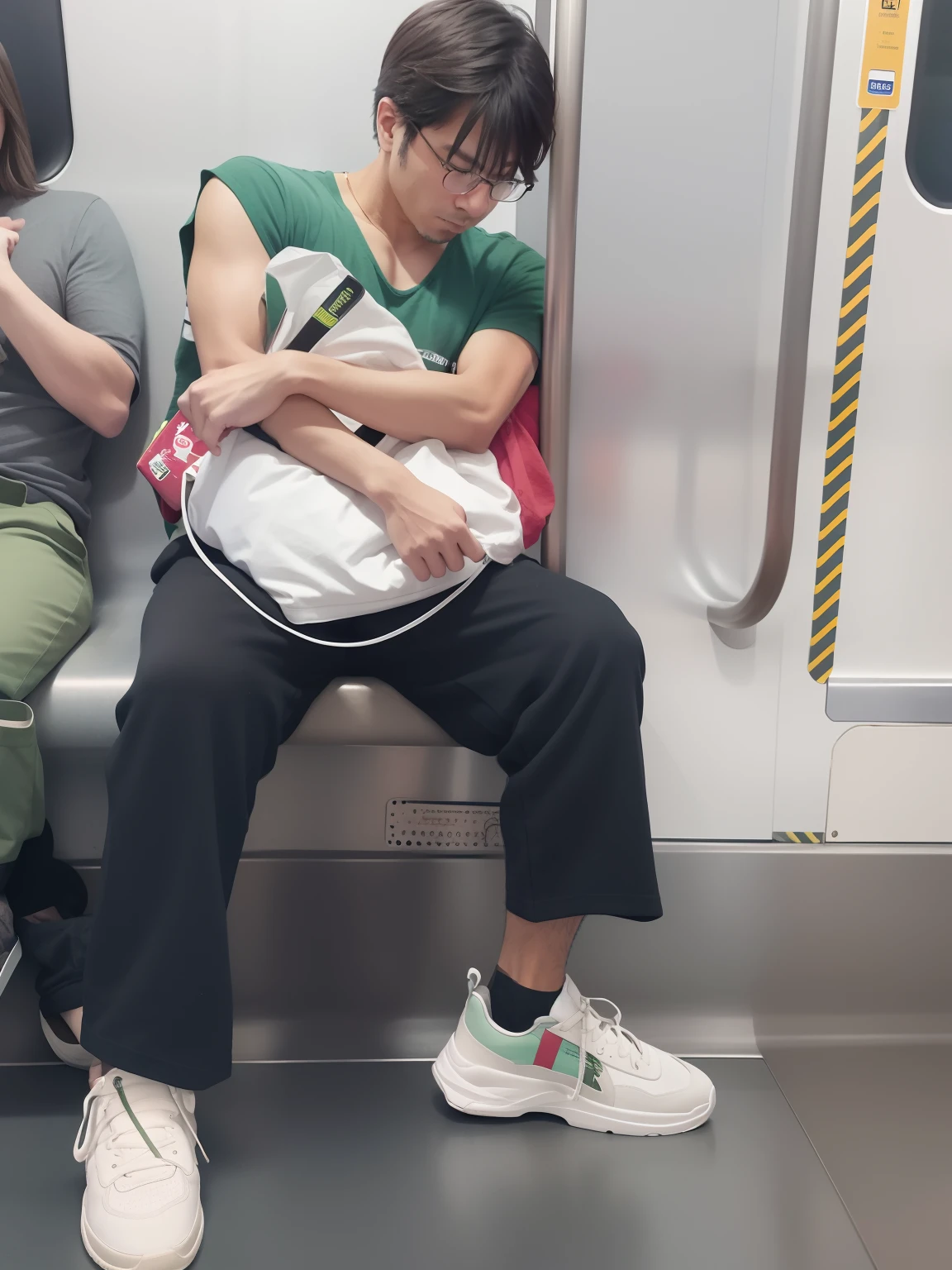 A man sitting on a subway train with a mobile phone, Wearing glasses,Wear loose green clothing, Sleepy expression, tired looking,Look tired, Close your eyes,in a subway, baggy black pants