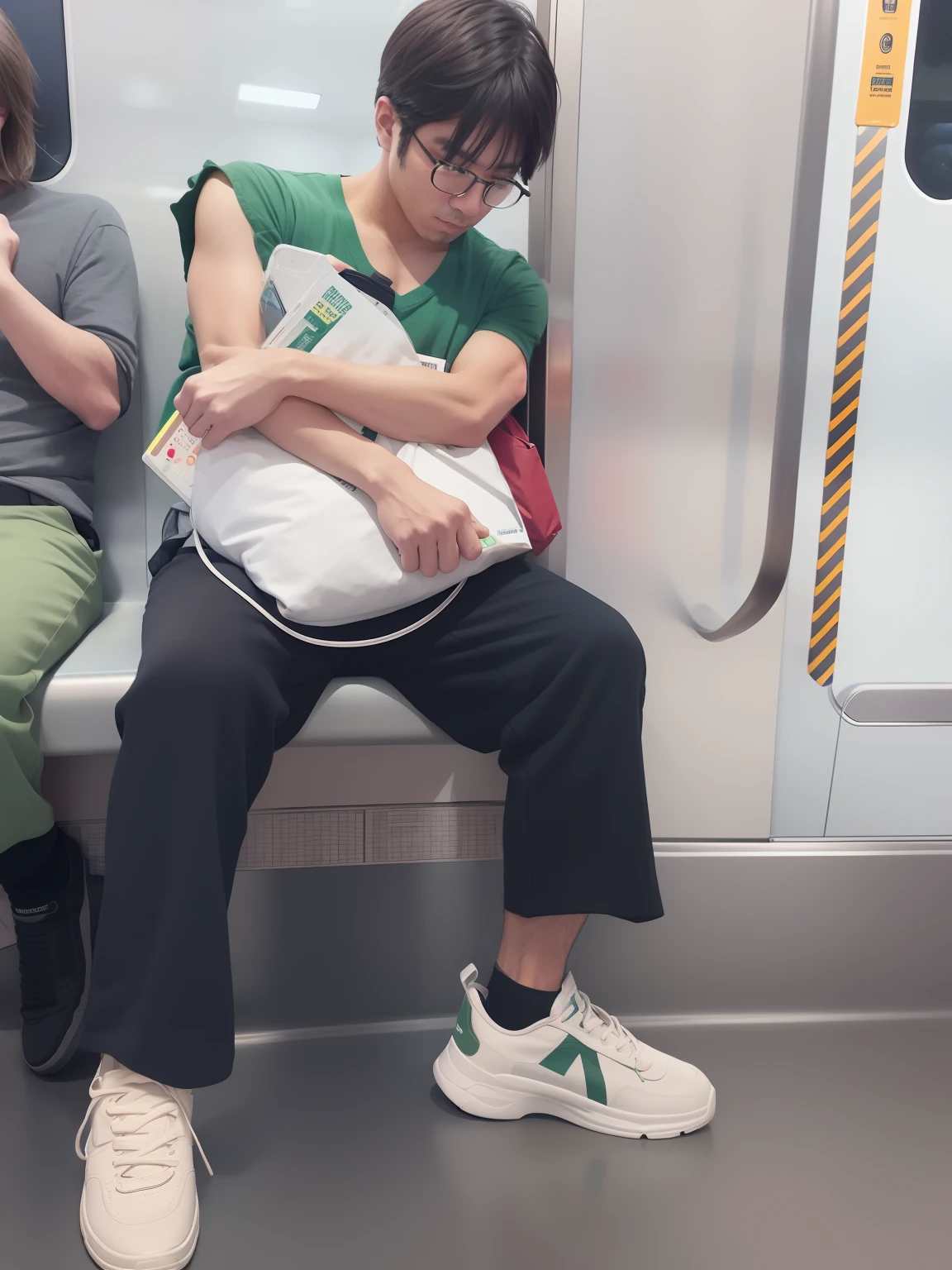 A man sitting on a subway train with a mobile phone, Wearing glasses,Wear loose green clothing, Sleepy expression, tired looking,Look tired, Close your eyes,in a subway, baggy black pants