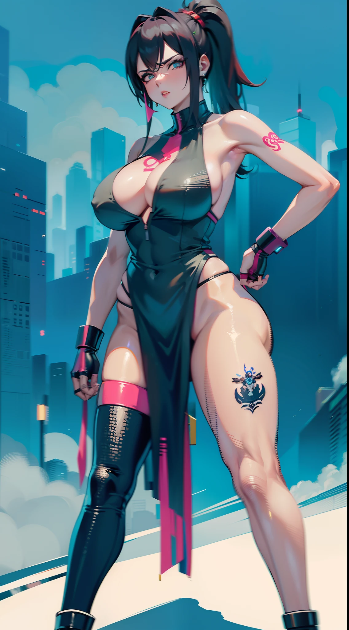 alta resolução, obra-prima, melhor qualidade, uma mulher, roupa futurista, ninja, tattoo, estilo cyberpunk neon, ao fundo cidade cyberpunk a noite, pele finamente detalhada, seios enormes, pernas muito musculosas