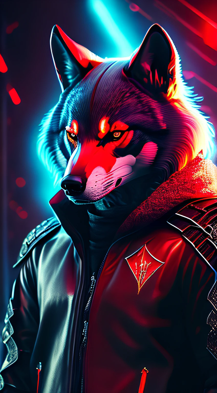 Retrato sombrio de um lobo com roupa escura de capuz, interior da roupa escura estilo hacker, olhos vermelhos iguais um tochas pegando fogo, fundo escuro, Cyberpunk, Foto premiada, Bokeh, neon lights, imagem da cintura para cima, corpo do lobo musculoso de jaqueta com capuz de couro de frente para foto usando o capuz