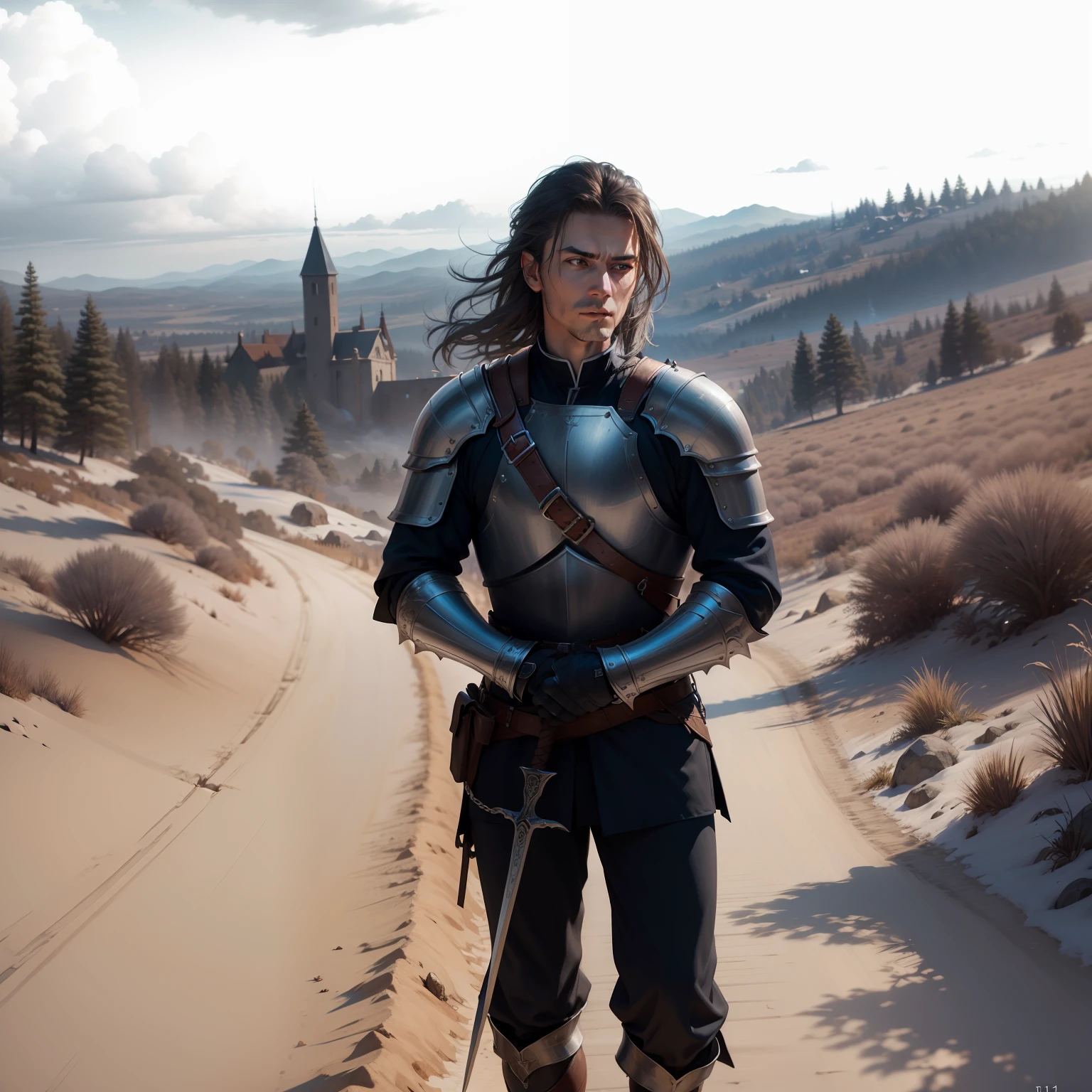 realisticlying,top-quality,tmasterpiece,cinematic compositions,Slow motion,Handsome,(Medium shot of a medieval knight,Gloomy and weathered face,Behind it is a dense forest,Chain mail and plate armor,(Realistic and detailed|Complex armor:1.1),(Visible face:1.3),(Realistic physiognomy|The eye|irises|The skin|Muscle tissue,Detailed skins,skin textures,Natural skin),(Holding a sword in hand:1. 2),(shoulder width:1.2), Frontal perspective,Homem-Imponente、stand firm,Look forward firmly,skin blemish,Natural skin wrinkles,Natural skin spots,Highly detailed clothes,rich details,intricately details,Realistic clothes wrinkles,Medieval fantasy landscape,mostly cloudy sky,Dense cedar forest in the background,Radiant illumination,deep shading,dramatic scene,Dark and cool tones,Blue and gray tones, There are no other characters in the scene,detail-rich|复杂,Detailed landscapes,Volumetriclighting,(Detailed lighting),(Detailed light reflection on armor:1.1),8K,highly details,hyper HD,hdr,Realistic Facial Expression|Hairstyles
