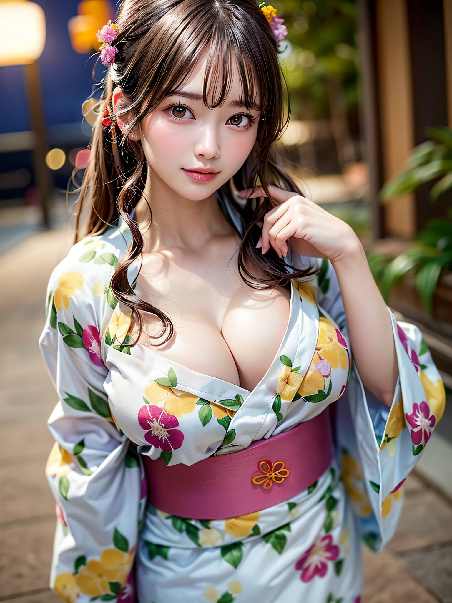 1 beautiful girl, Beautiful girl of the highest grade, Open mouth slightly, (Open your eyes slightly:1.3), Realistic, extremely detailed CG unified 8k wallpaper, ighly detailed, High-definition raw color photos, professional photograpy, Realistic portrait, Cinematic Light, Beautiful detailed, (Naked:1.5), ((Chignon Hair)), (Big breasts:1.5), (cleavage of the breast:1.2), (Bare shoulders), (Floral yukata with wide open chest:1.5), (bared chest), Outdoors, ((Night)), (Best Quality:1.4), Super Detail, High quality, masutepiece,