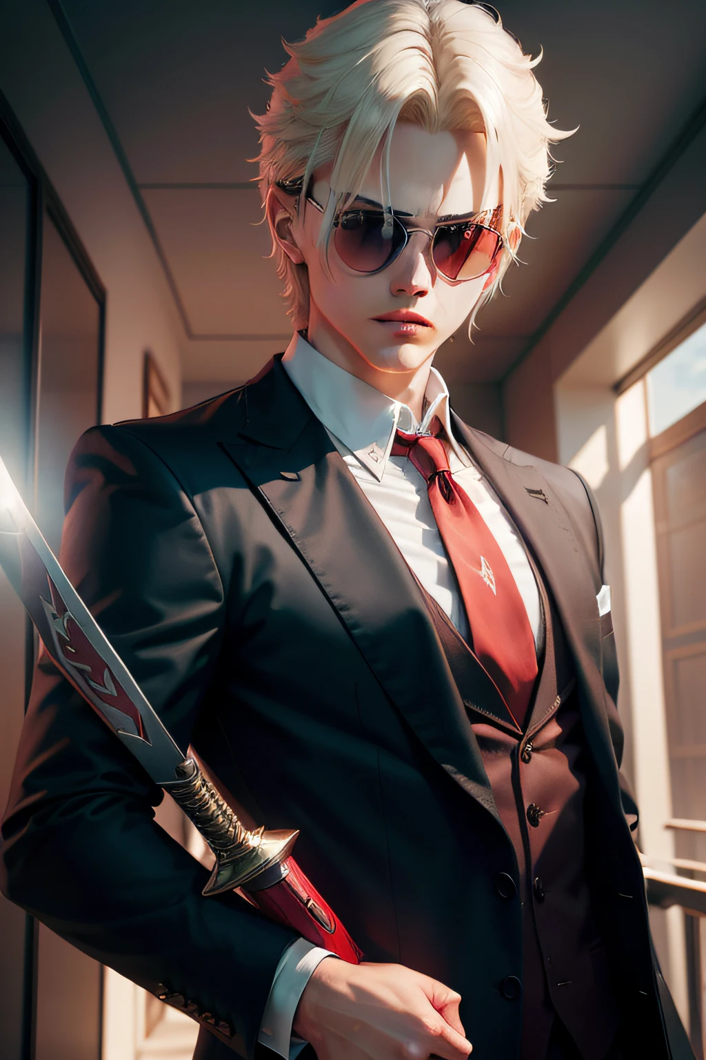 A young man around 18 years old White skin colored blonde wearing a Suit with a red tie, a red sunglasses on his eyes, holding the Yamato Sword: Devil May Cry 5 Vergil