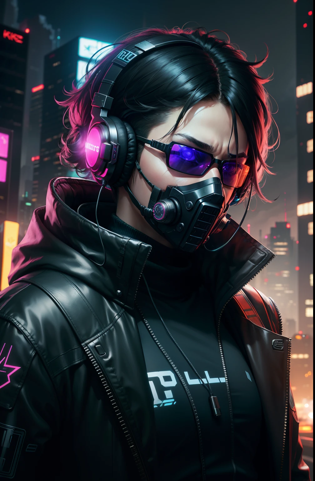 change background, cyberpunk night city, face mask, sunglasses,gaming headset, realistic 8k ultra resolution.
