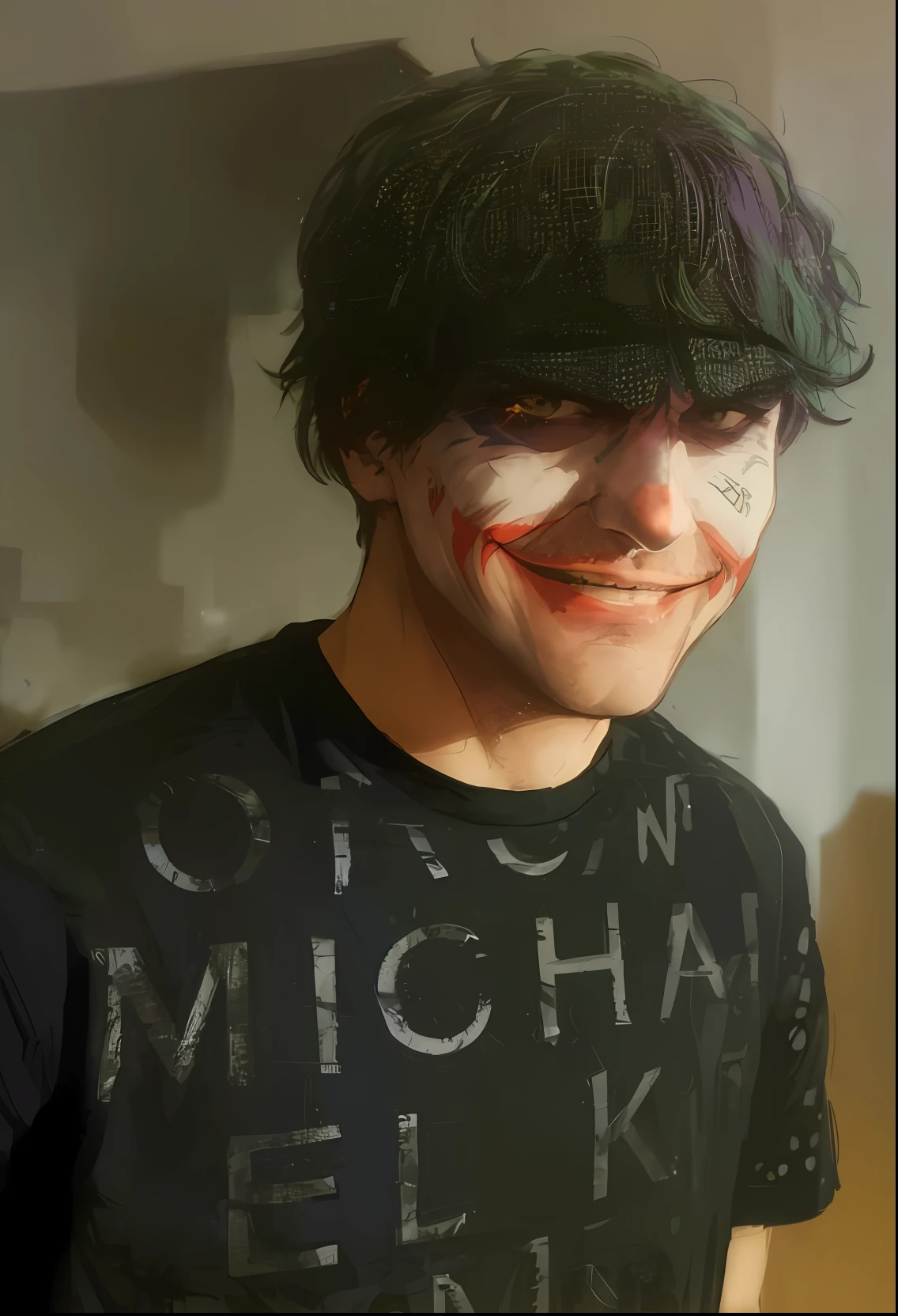((Vector)), (((Comics style))), A Joker\(Joker 2019\), green hair, evil smile, epic, realistic, faded, neutral colors, ((((hdr)))), ((((muted colors)))), intricate scene, artstation, hyperdetailed, cinematic shot, warm lights, dramatic light, intricate details, vignette, complex background, [[teal and orange]], slate gray atmosphere, hyperdetailed, (closeup:0.9), ((Vector)), ((Comics style)), ((full mask joker)), ((full Comics style))