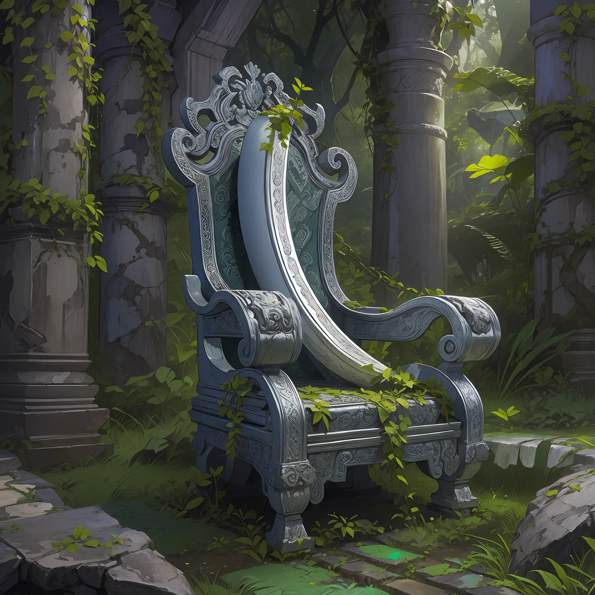 A silver banana on an ancient throne in an ancient temple overgrown with nature and vines