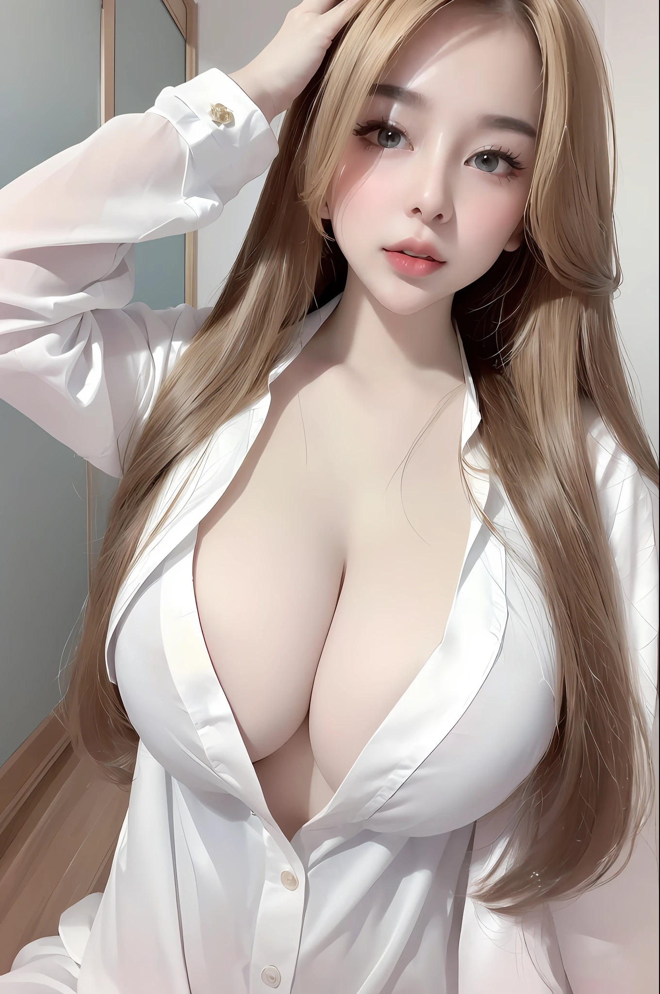 (Best quality, 8k, 32k, Masterpiece, UHD:1.2),Photo of Pretty Japanese woman, 1girl, (long blonde hair), (large breasts), double eyelid, White police uniform, white shirt, open shirt, hospital, patient's room, upper body, sexy