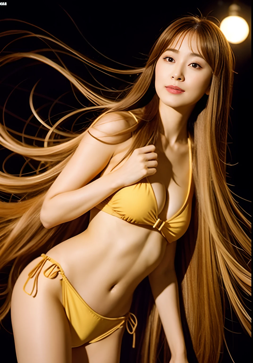 Portrait photo of woman in bikini with long hair, Detailed live-action shooting style, Fine details. Golden Super Longhair. Hair flutters, Gravure photo in the sea of Okinawa, the sailor galaxia. Beautiful, Bewitching woman, , Impressive live-action art style, In the style of live-action, psychedelic, Golden hair, fair-skinned beauty,