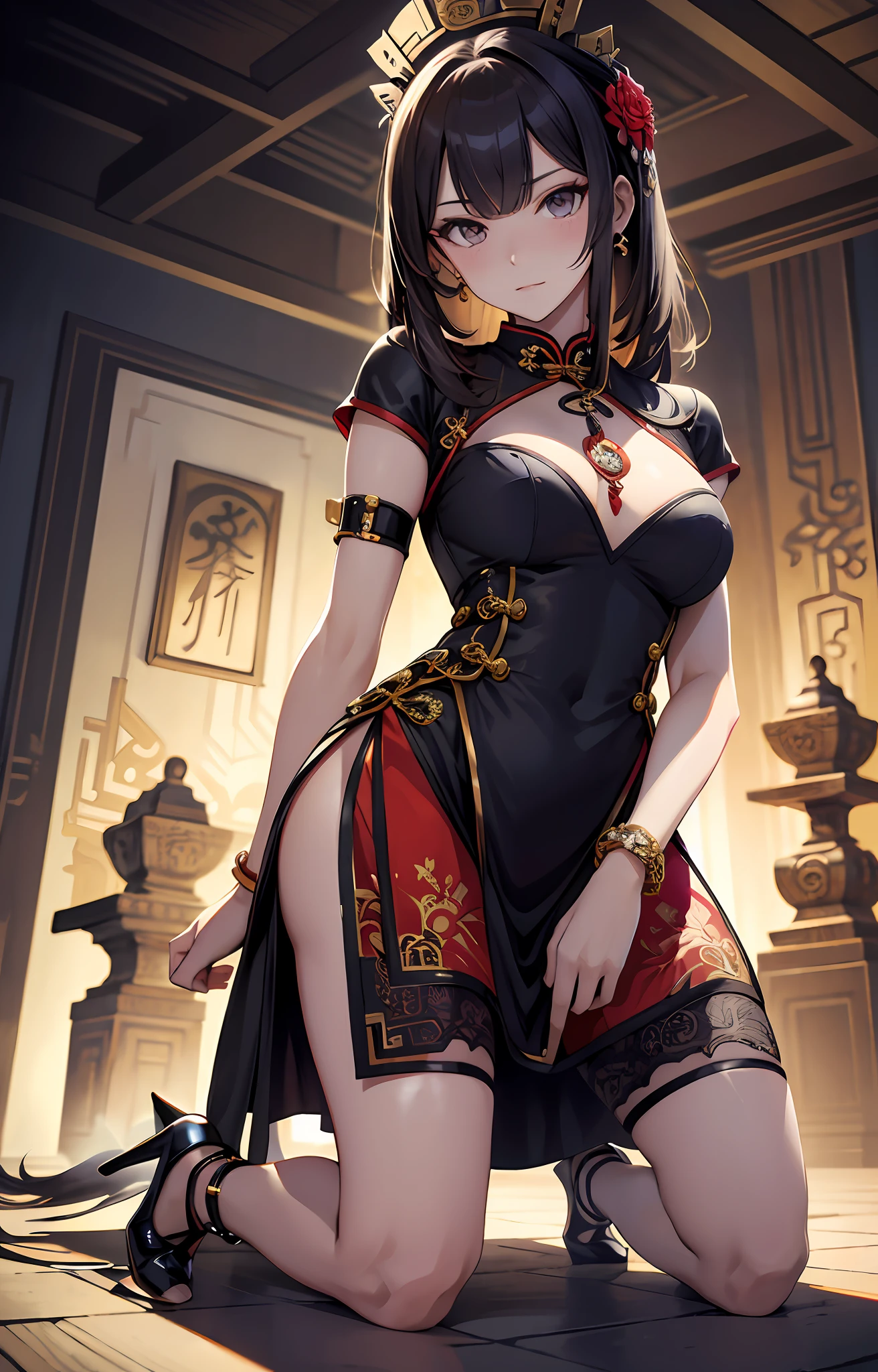 best qualityer,tmasterpiece,Ultimate resolution,downy,Extremely colorful,Cheongsam beauty,Female slaves,Sex slaves,on cheongsam,Kneeling pose,(Point at you with your ass),Collar,Anklets,high-heels,high-heels,Correct posture