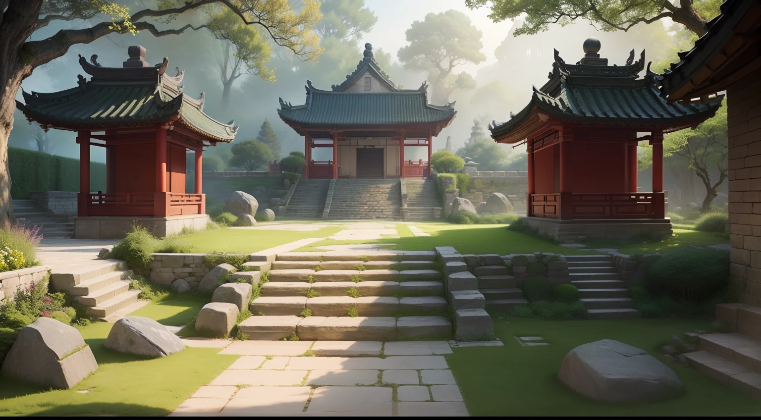 A garden with low-cut grass and a stone pathway, featuring an ancient stone grandstand. A staircase leads to an elevated area where a throne is situated, sheltered by a rustic canopy, all in the style of ancient China."