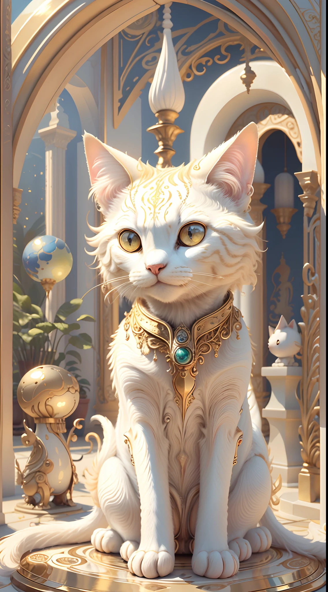 Faris Style, alone, hair ornaments, close your eyes, flower, wing, horn, Cat, white Cat, Dragon-Cat, hair flower, No humans, gem, Dragon, scale, eastern Dragon, Movie angle, Cinema Lighting, Shorthand, Depth of written boundary, Detailed Background, masterpiece, highest quality , Official Art ,