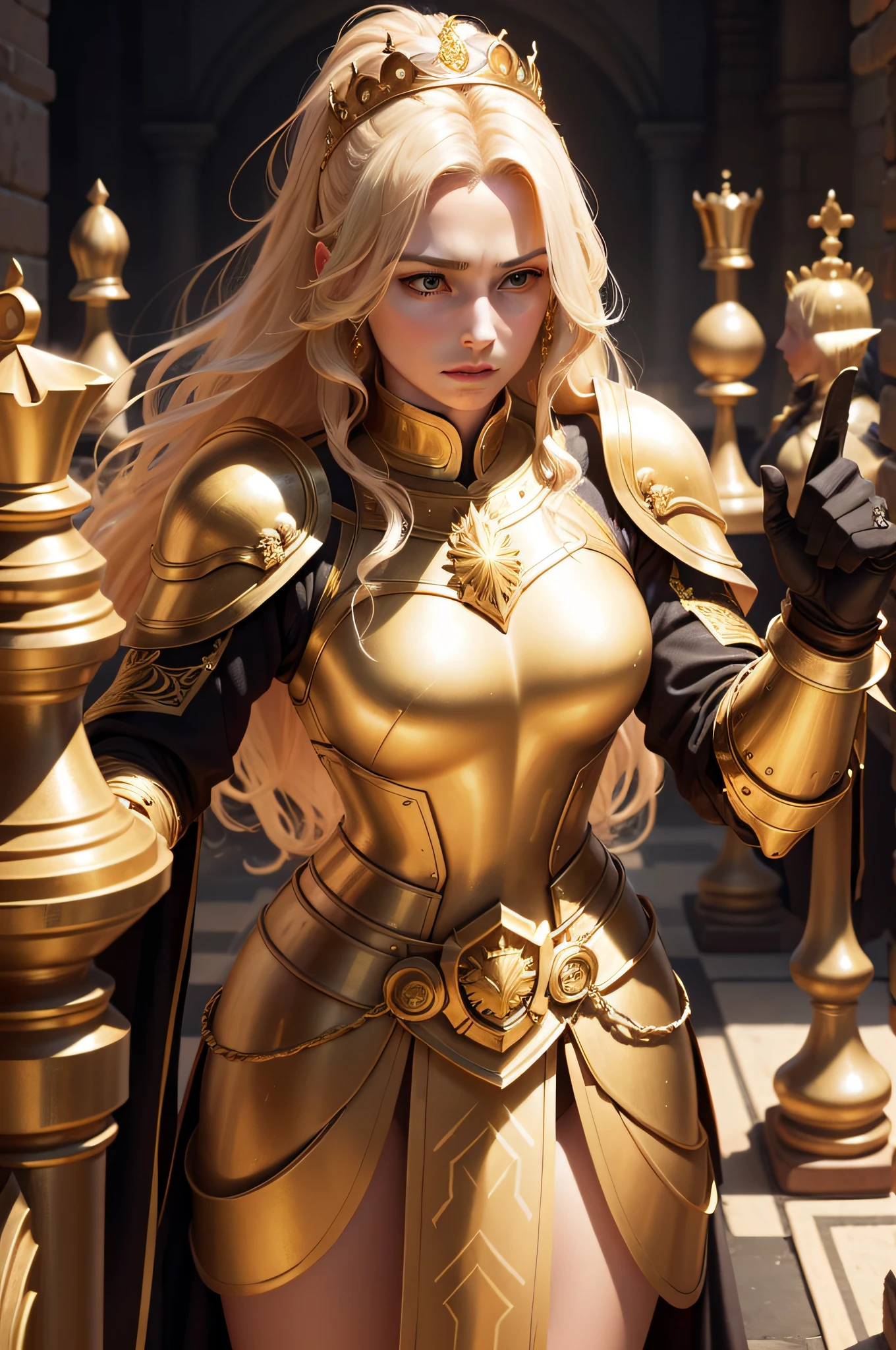 queen 35 years old, warrior, blond hair, long dress, with golden armor and golden shield in her left hand, on a chess field